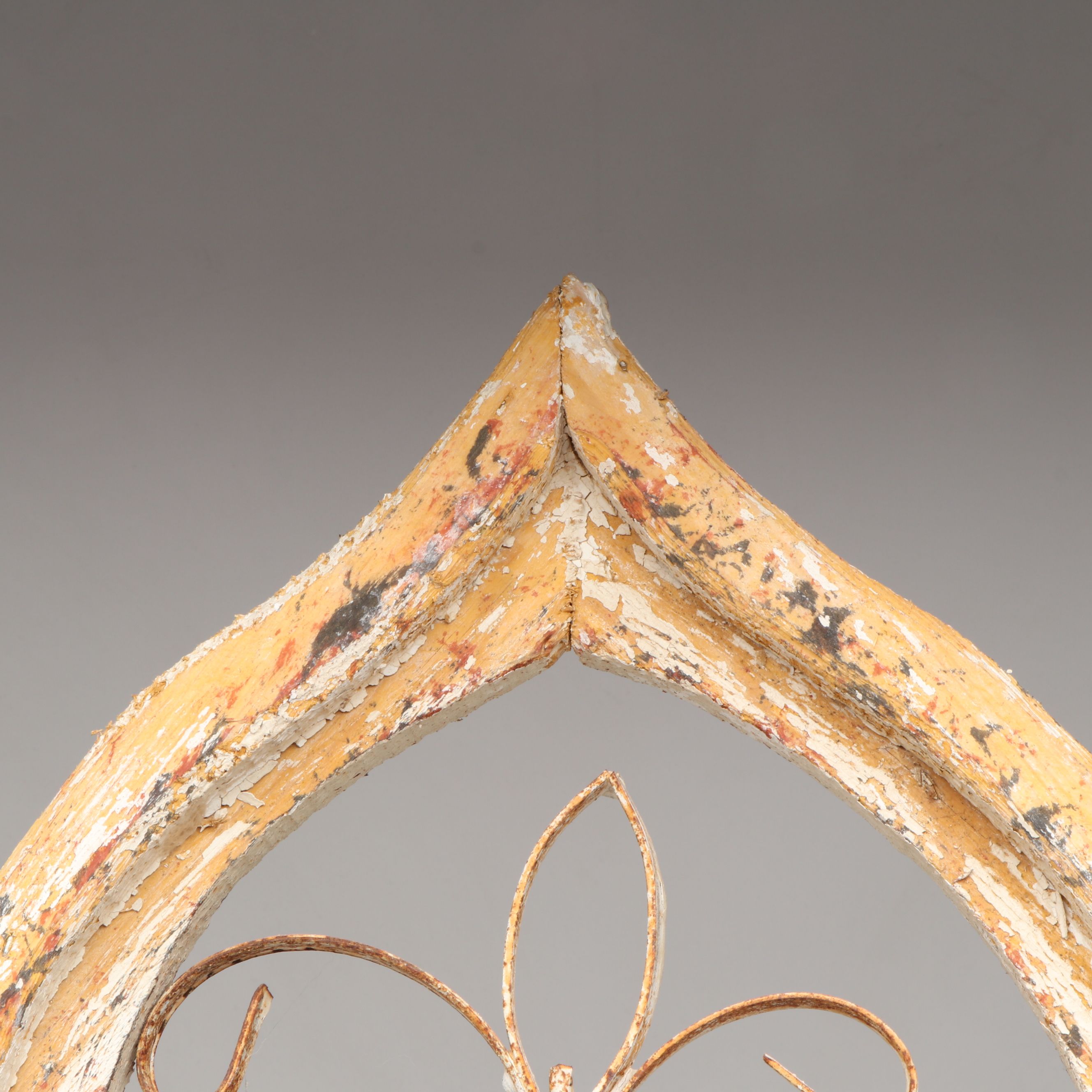 Gothic Style Wood and Scrolled Metal Archtop Window Frame