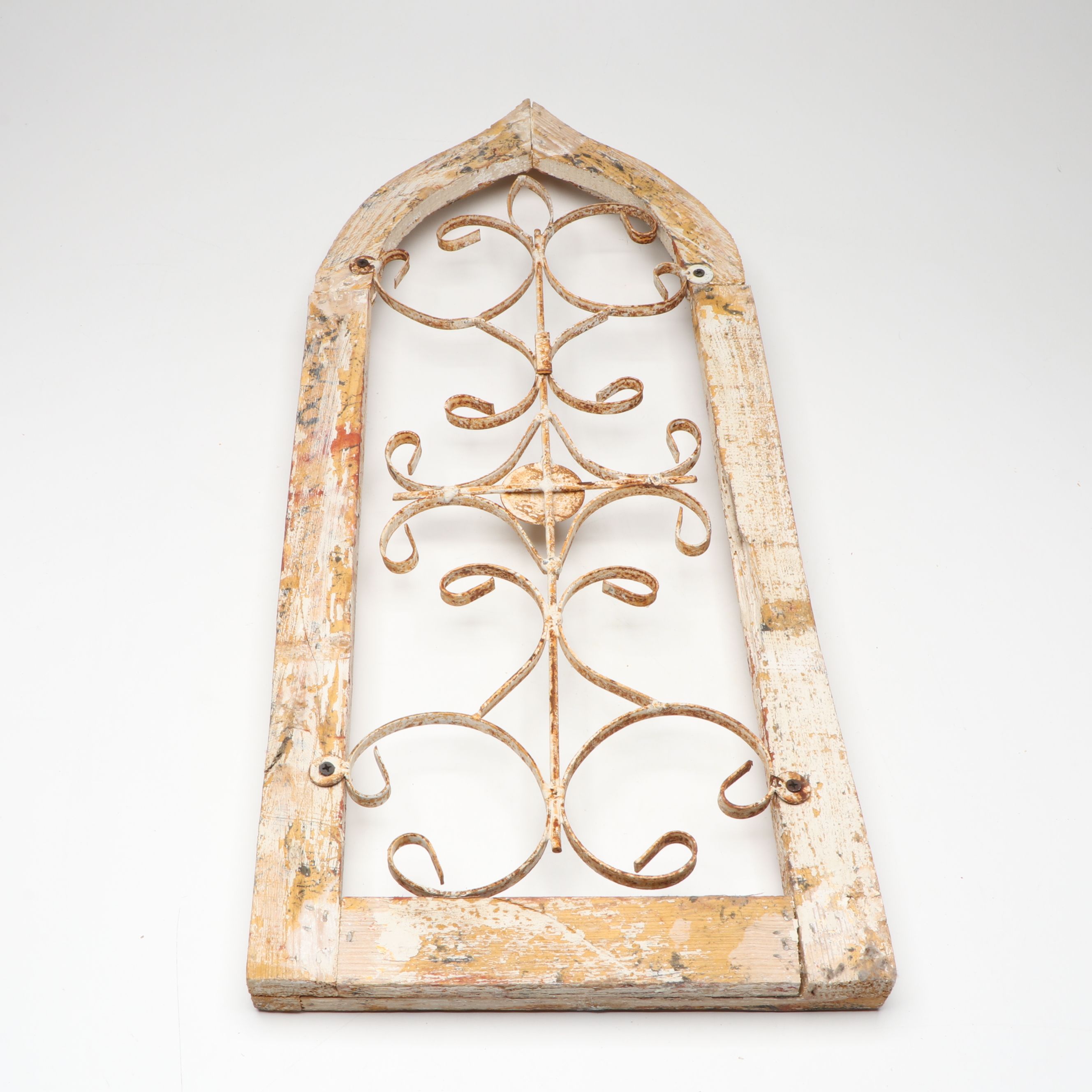 Gothic Style Wood and Scrolled Metal Archtop Window Frame
