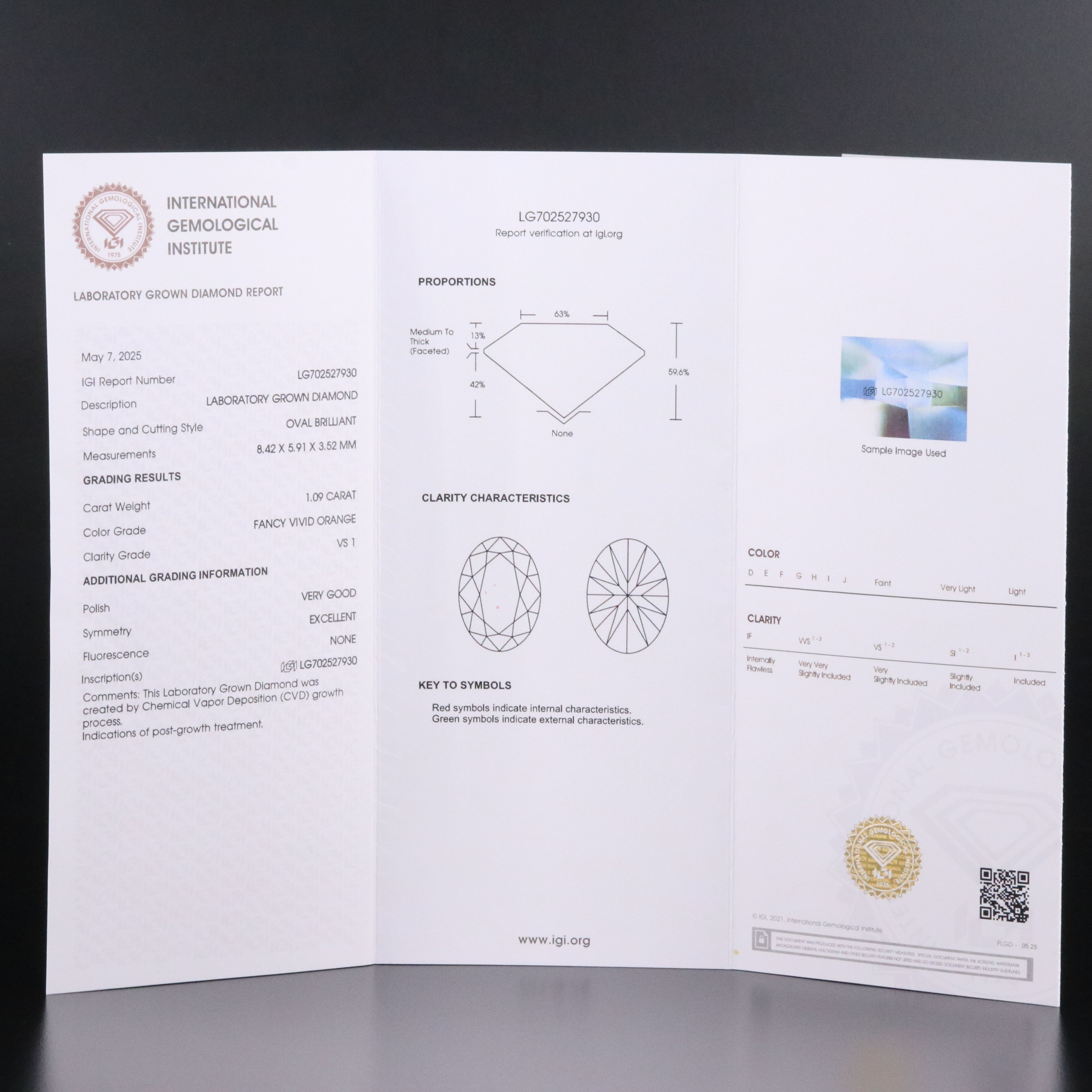 Loose 1.09 CT Lab Grown Fancy Orange Diamond with IGI Report