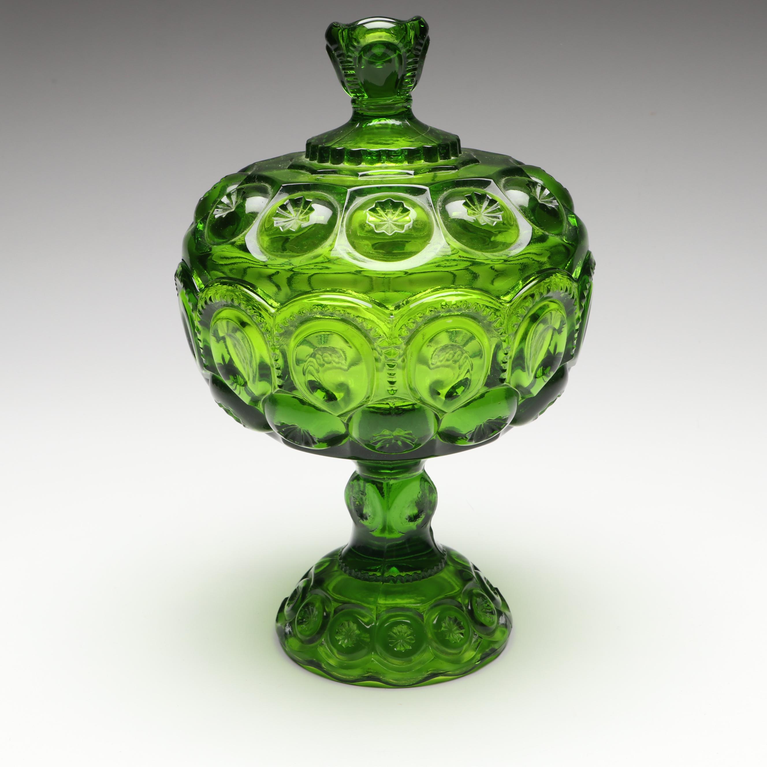 L.E. Smith Glass "Moon and Star" Green Compote with Lid, 20th Century