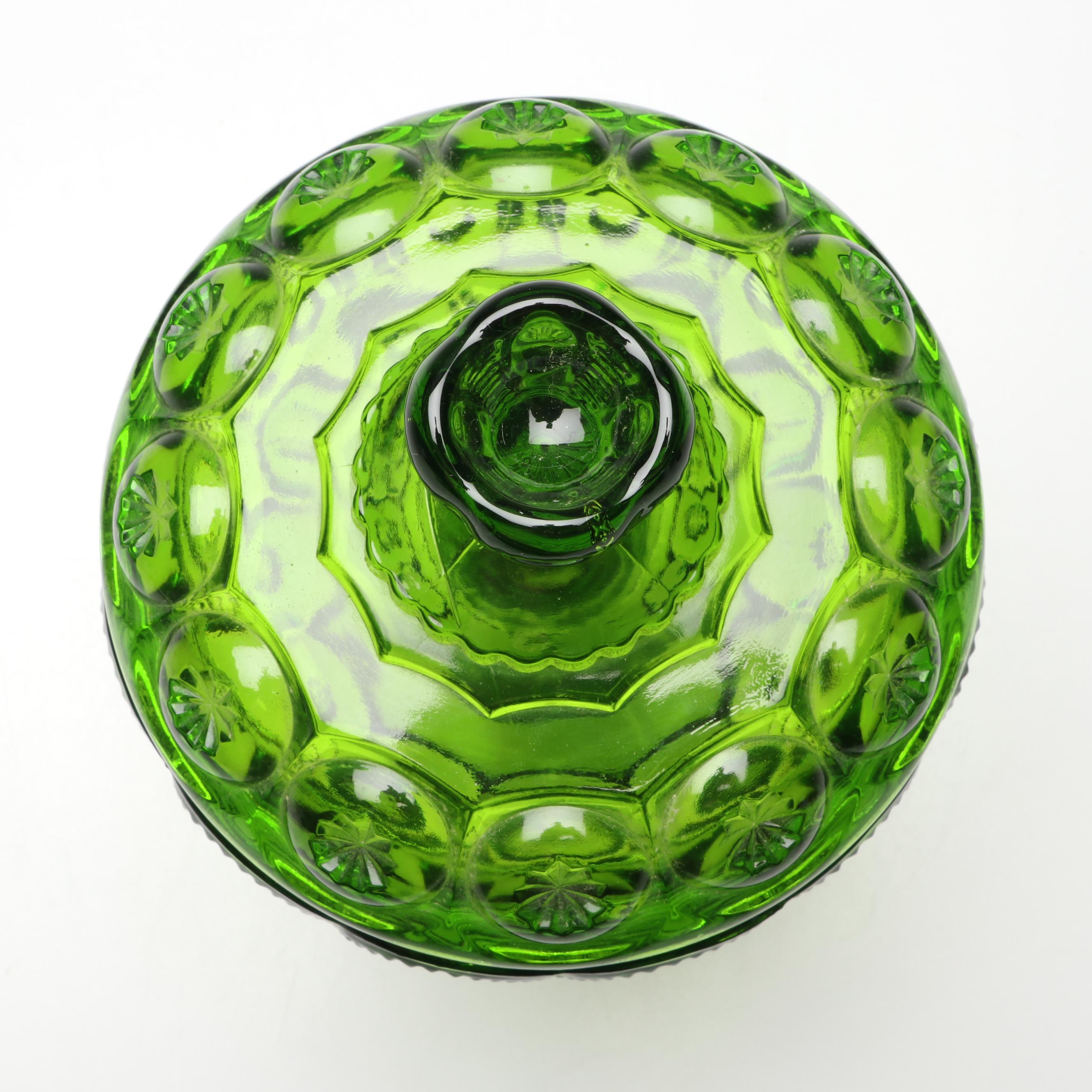 L.E. Smith Glass "Moon and Star" Green Compote with Lid, 20th Century