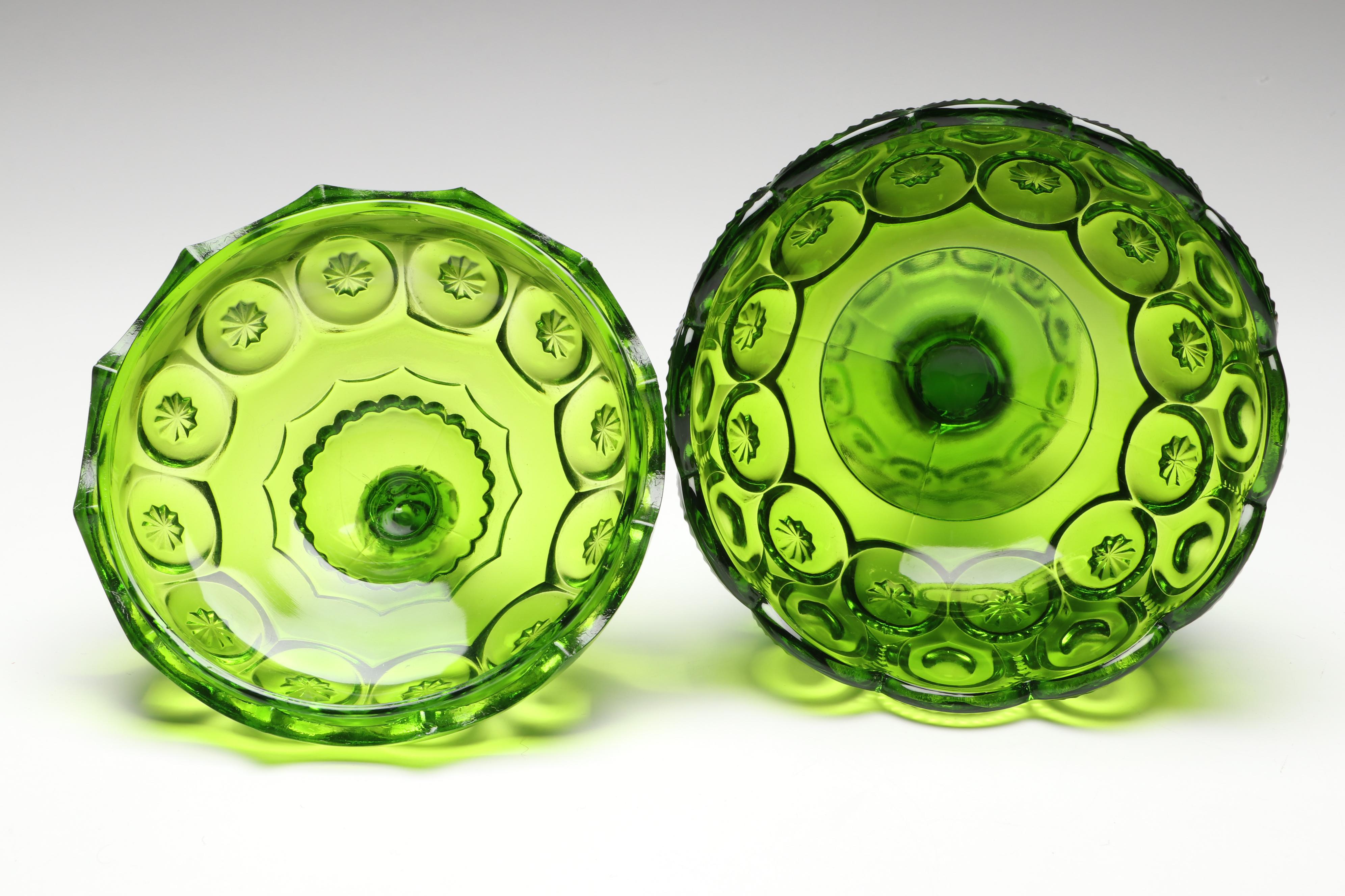 L.E. Smith Glass "Moon and Star" Green Compote with Lid, 20th Century