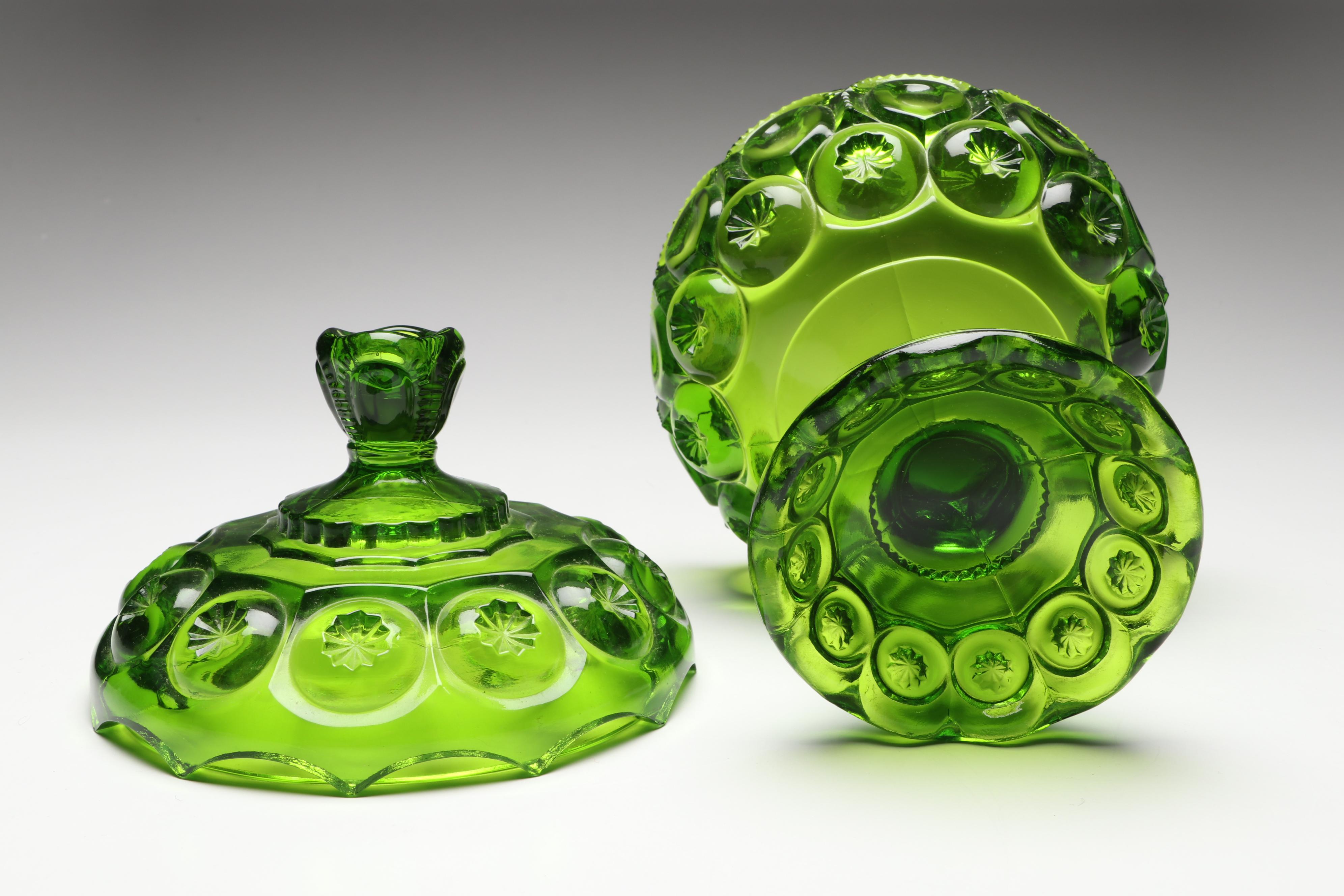 L.E. Smith Glass "Moon and Star" Green Compote with Lid, 20th Century