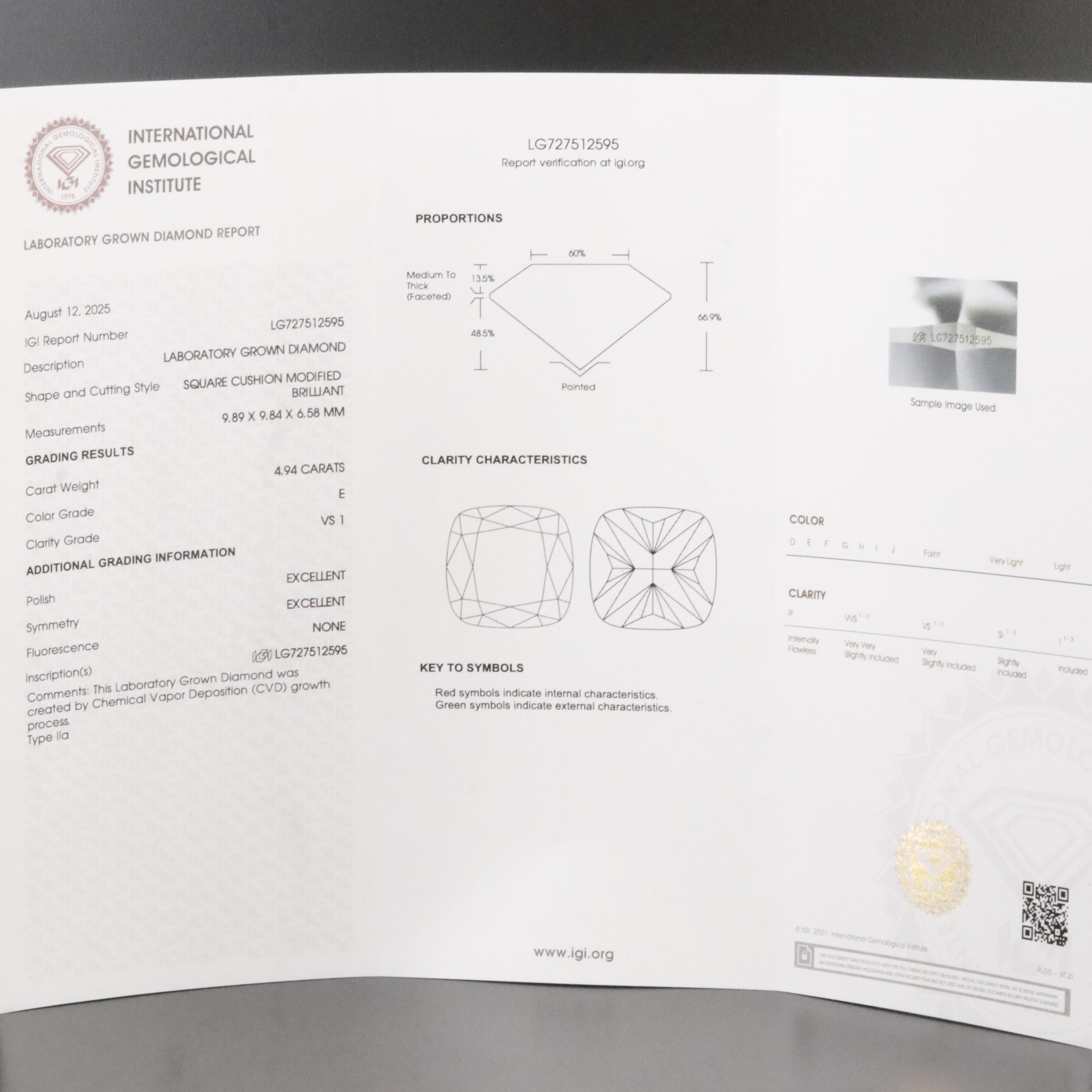 Loose 4.94 CT Lab Grown Diamond with IGI Report