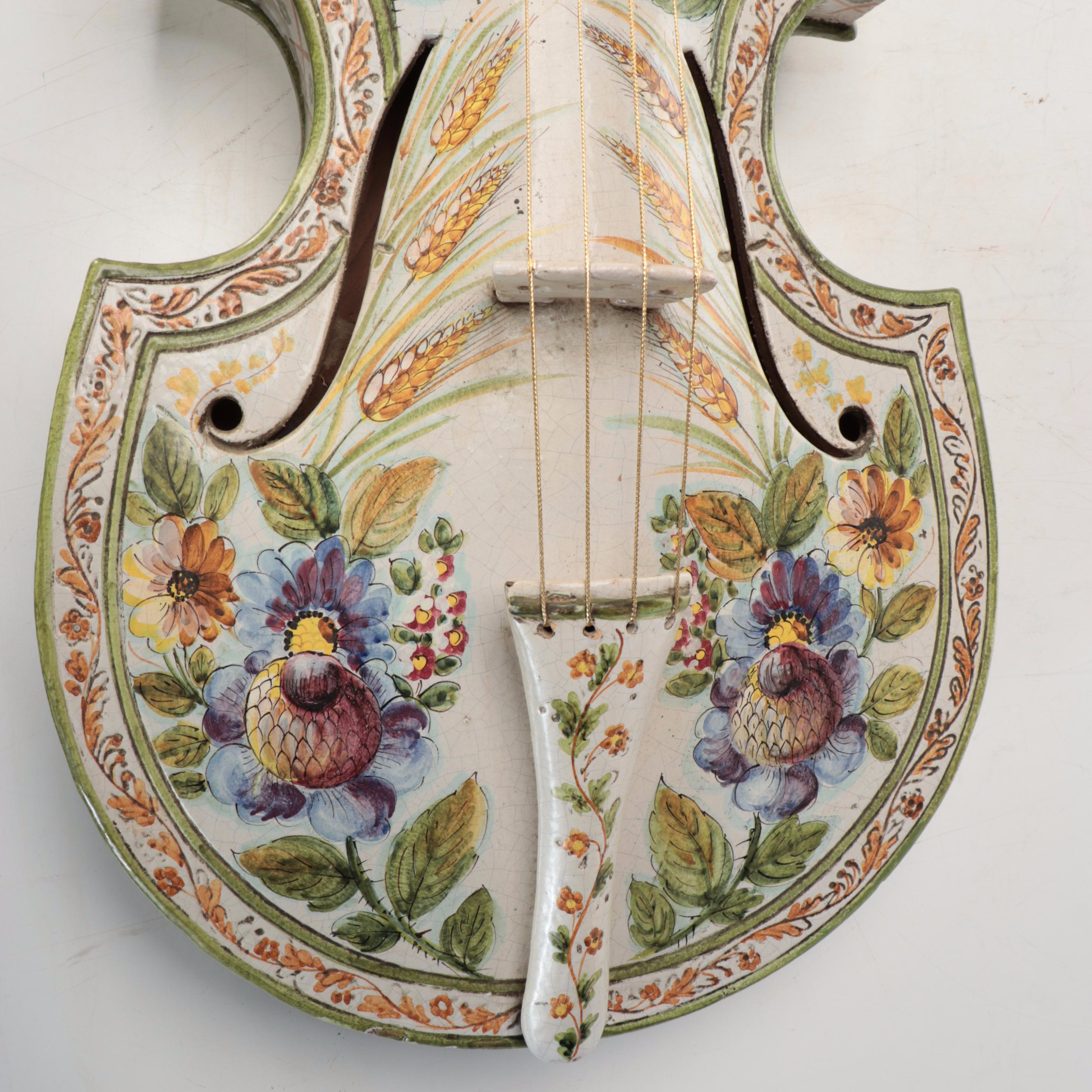 Italian Majolica Floral Painted Ceramic Cello, Mid-20th Century