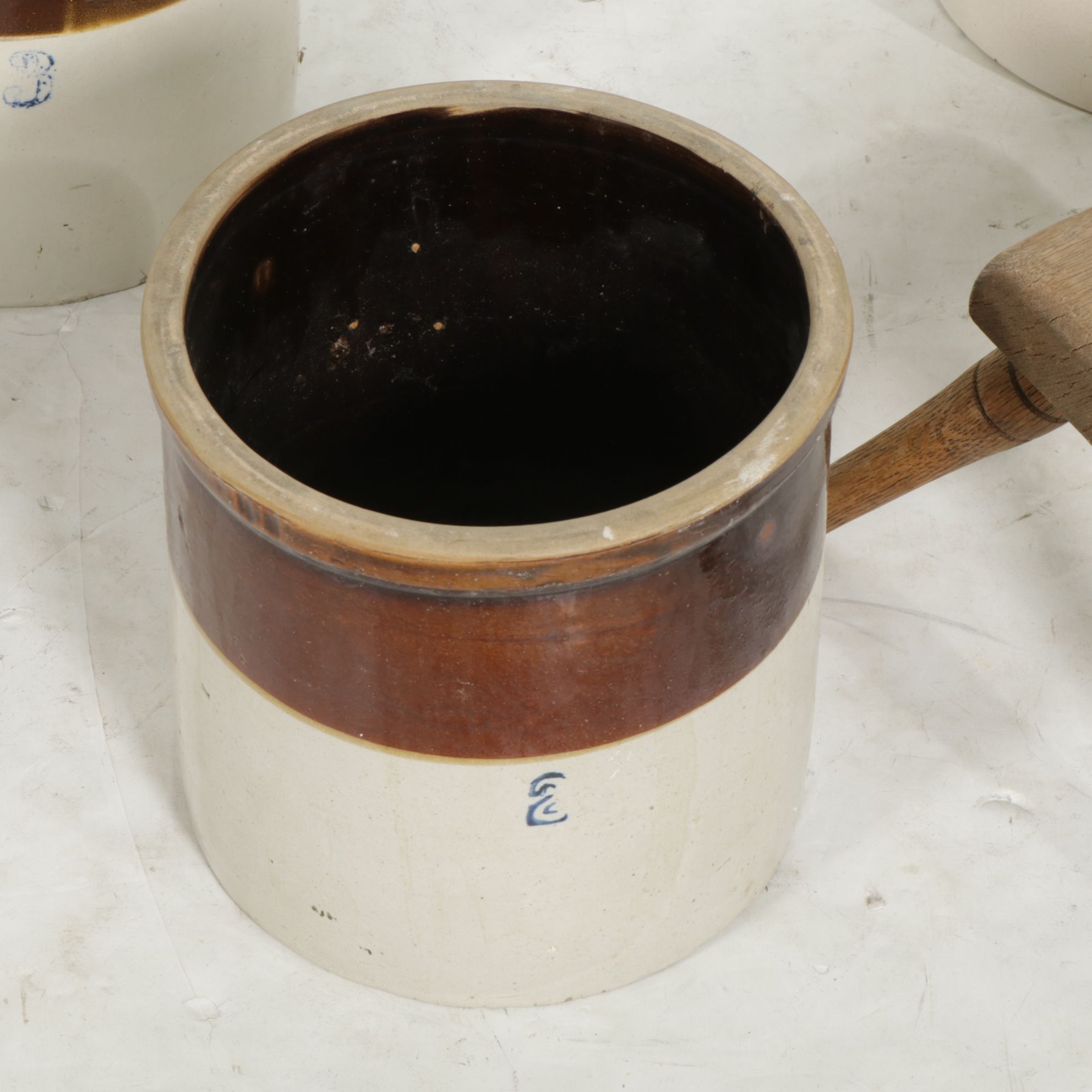 Stoneware Crocks and Small Handmade Wooden Stool