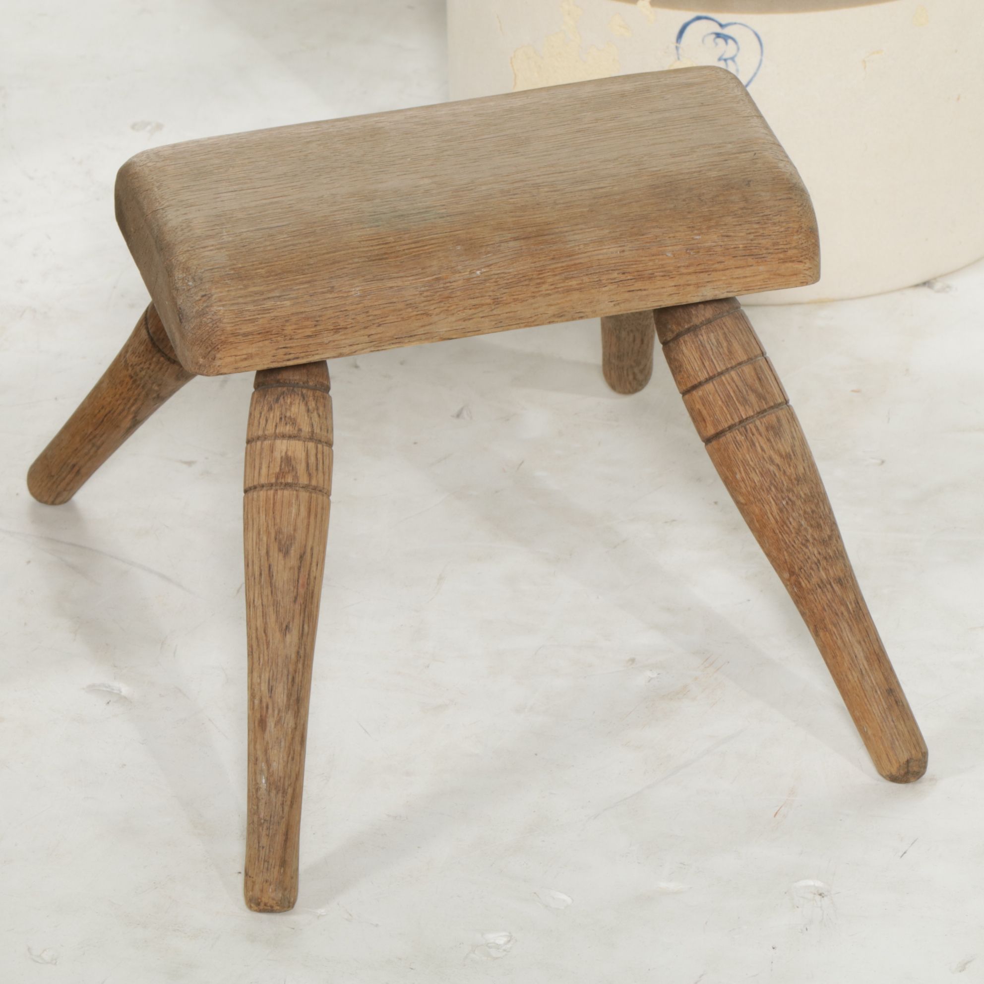 Stoneware Crocks and Small Handmade Wooden Stool