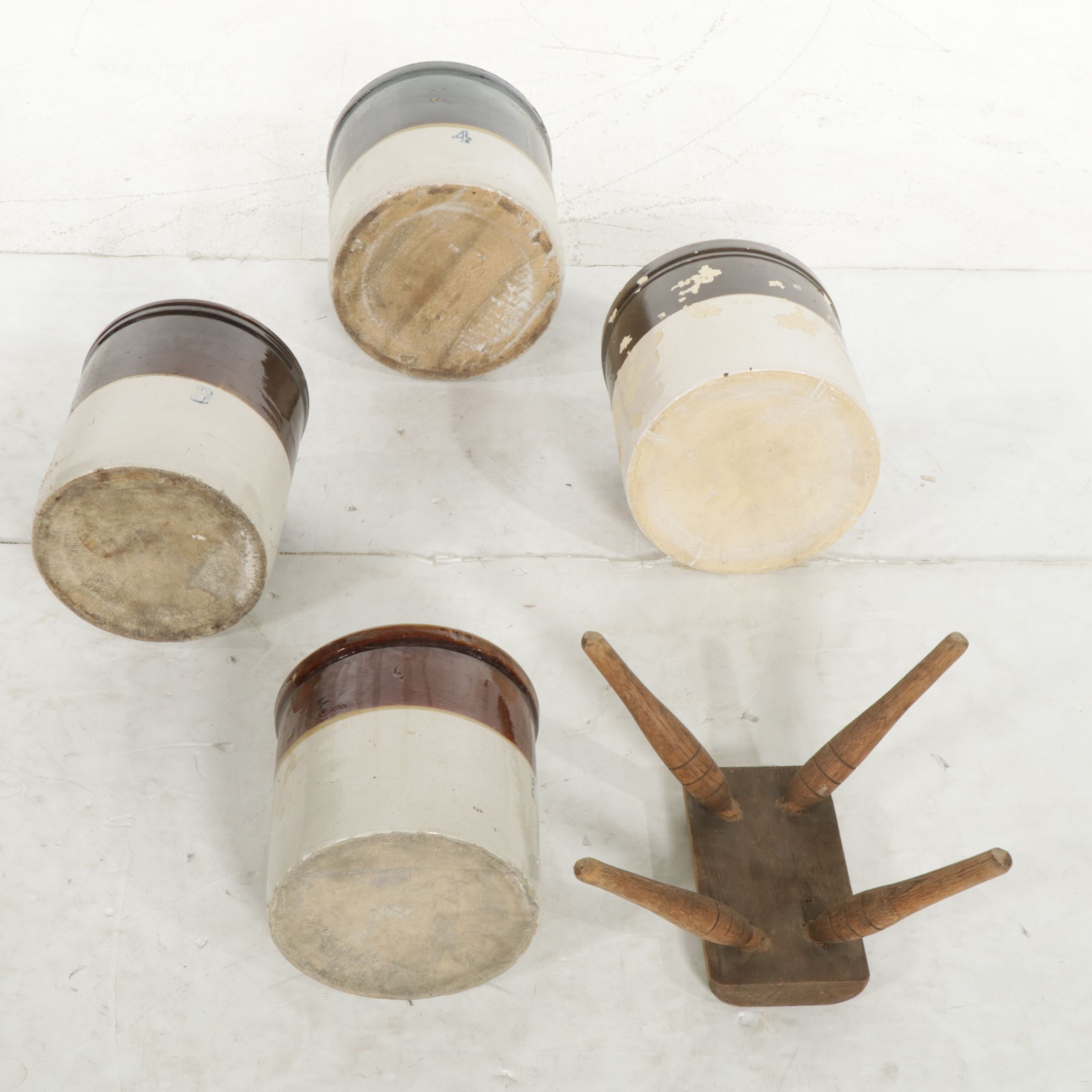 Stoneware Crocks and Small Handmade Wooden Stool