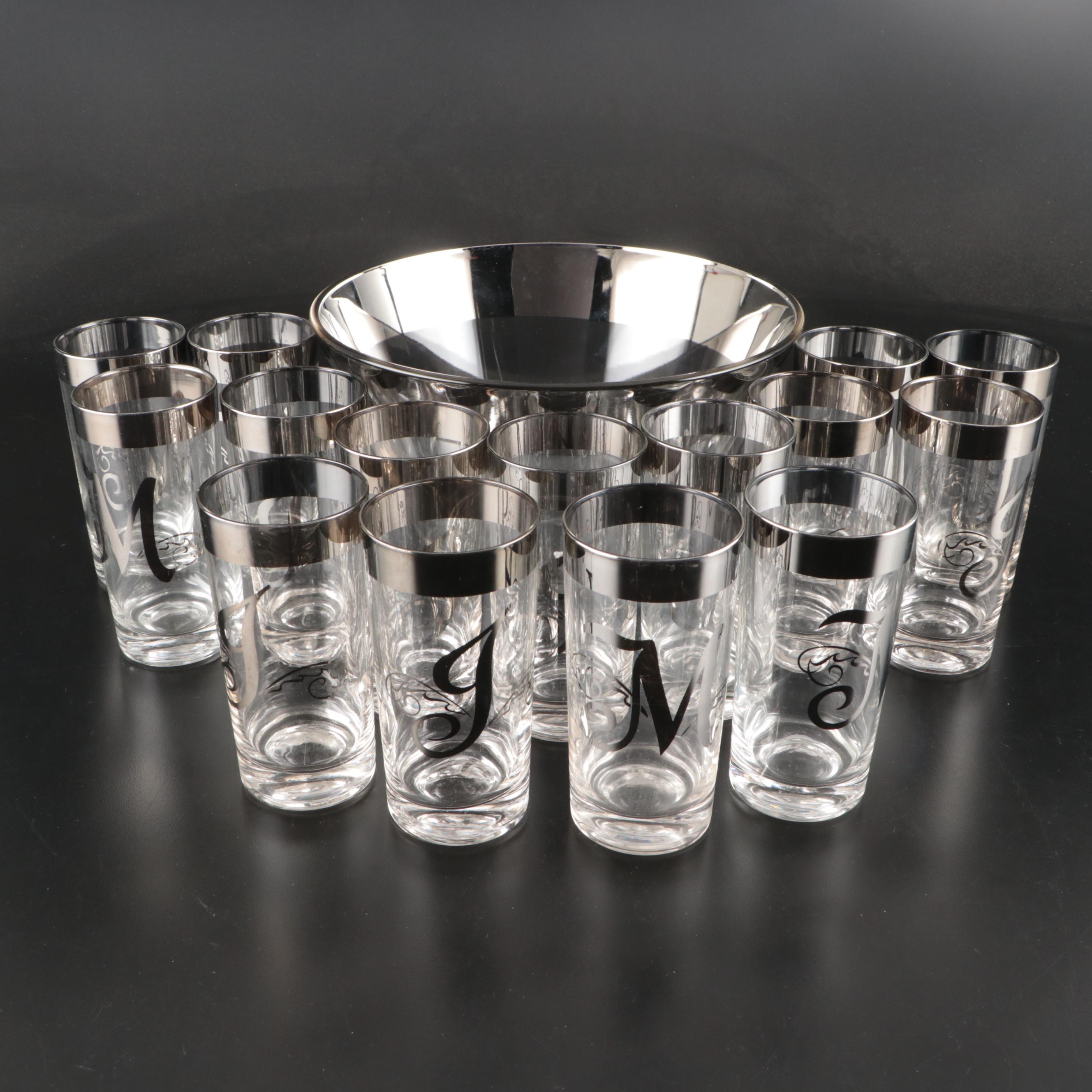 Dorothy Thorpe Style Silver Band Bowl and Monogram Tumblers, Mid-20th Century