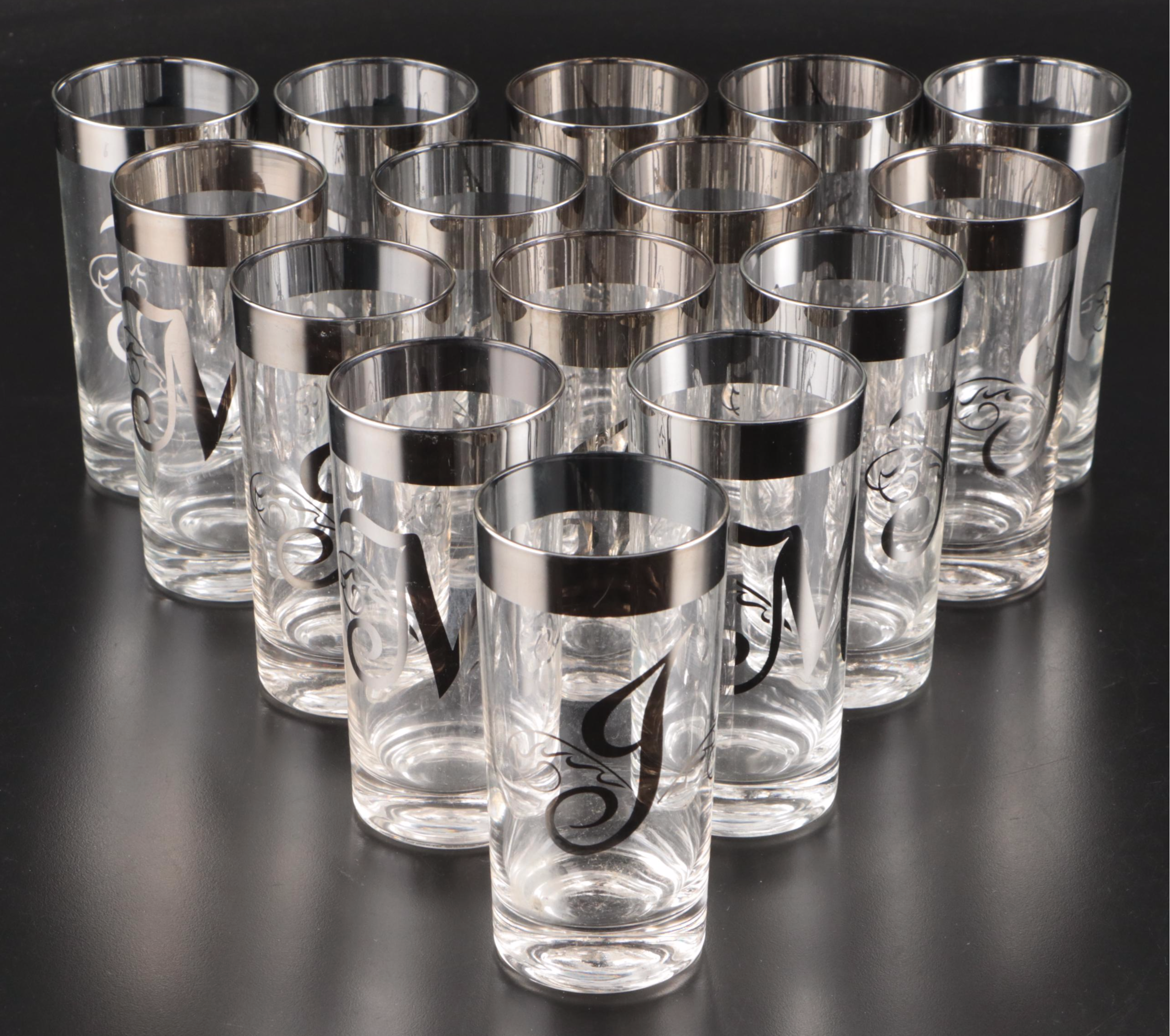 Dorothy Thorpe Style Silver Band Bowl and Monogram Tumblers, Mid-20th Century