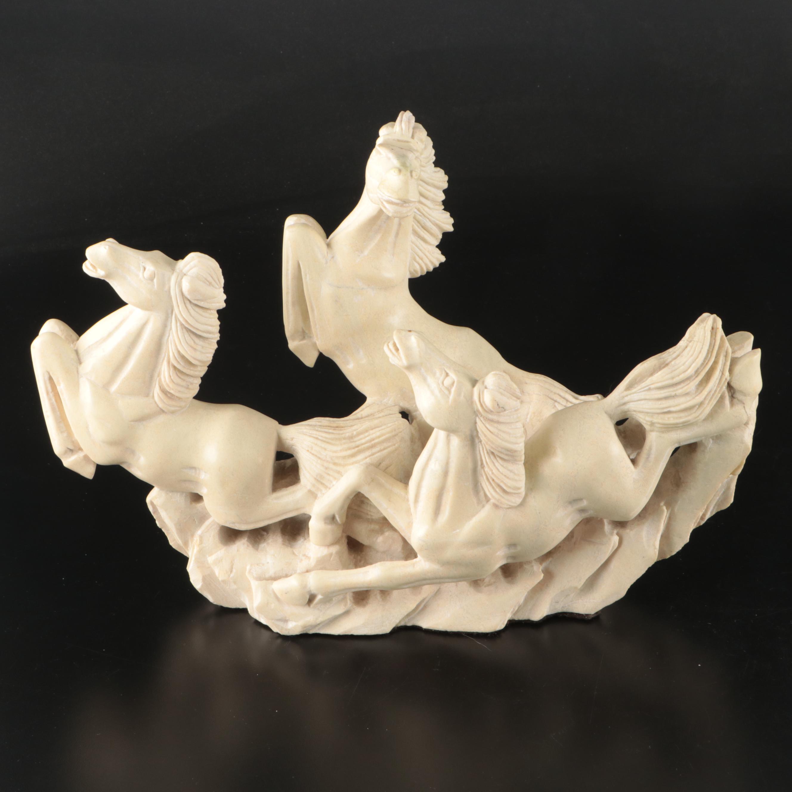 Carved Resin Three Galloping Horses Figurine in the Manner of Santini