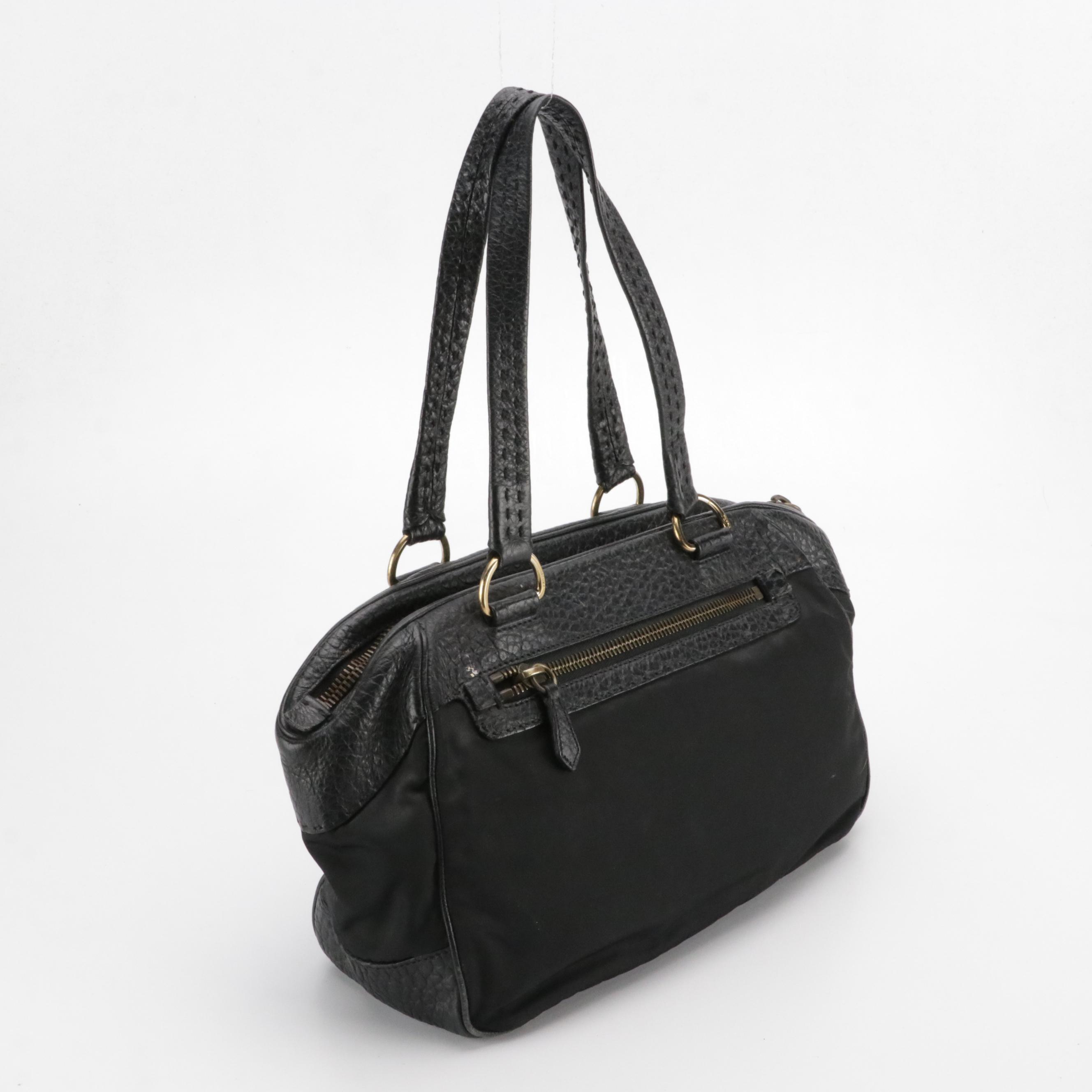Prada Zippered Shoulder Satchel in Black Tessuto Nylon and Grained Leather Trim