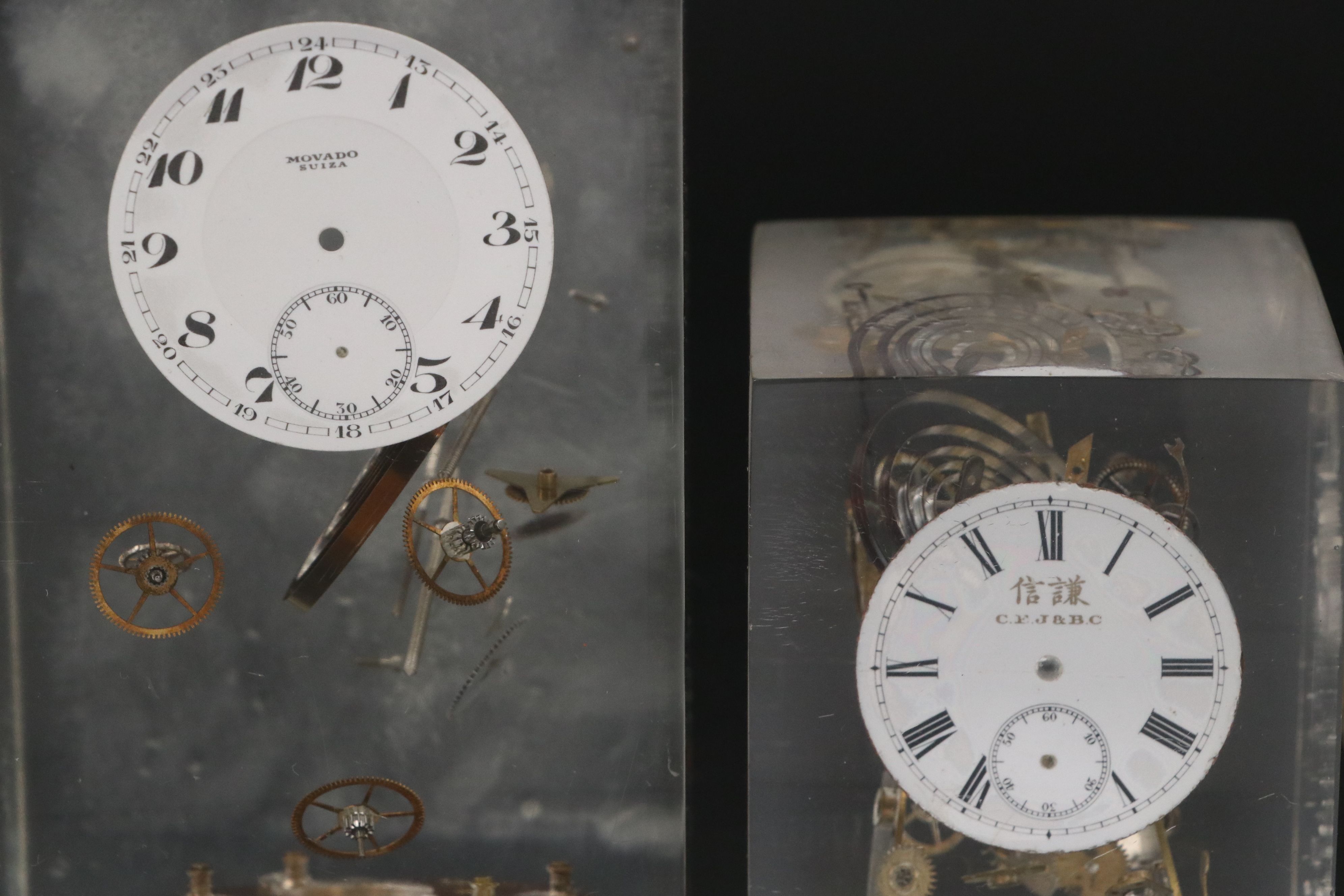 Floating Watch Faces and Mechanisms in Acrylic Blocks, 20th Century