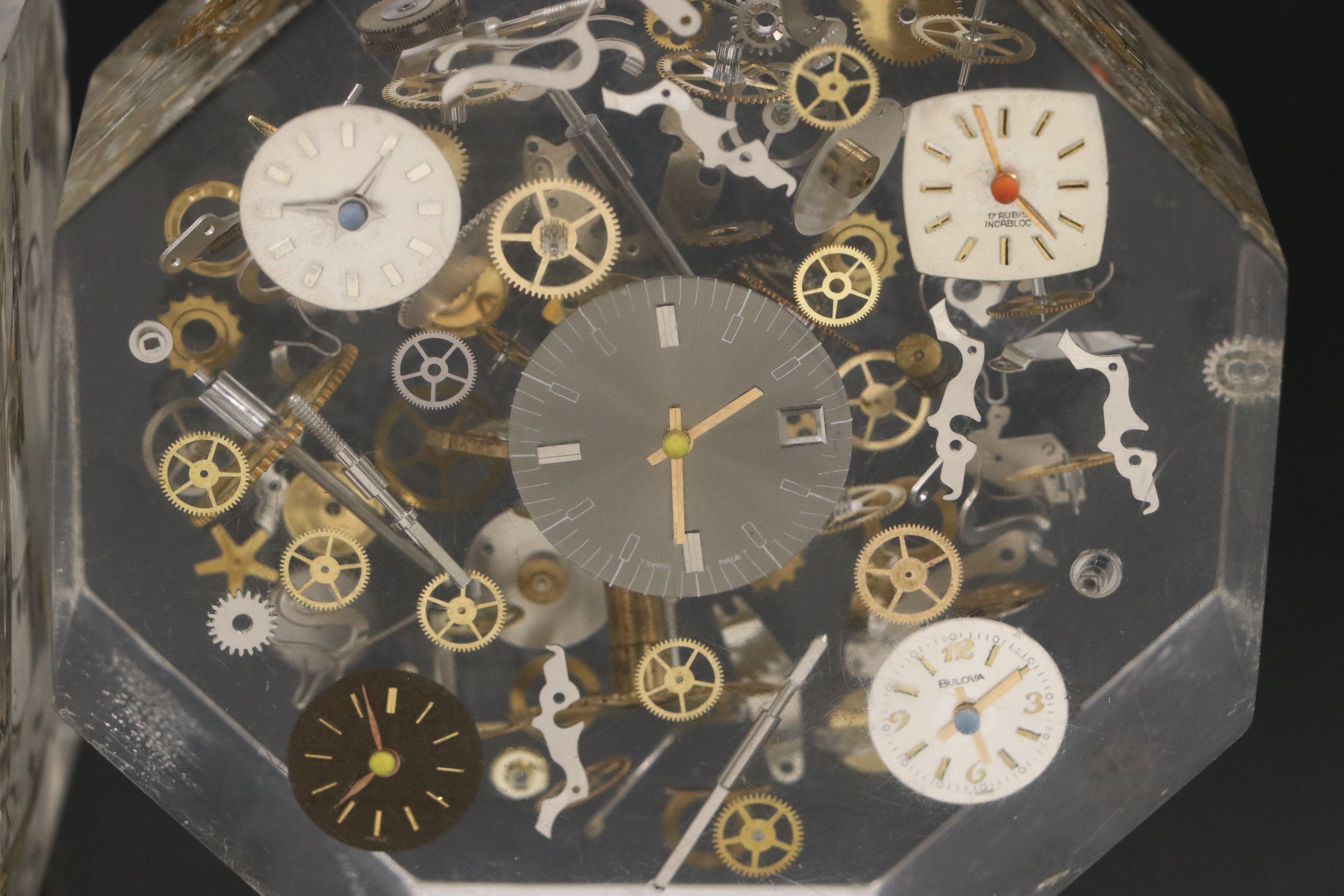 Floating Watch Faces and Mechanisms in Acrylic Blocks, 20th Century