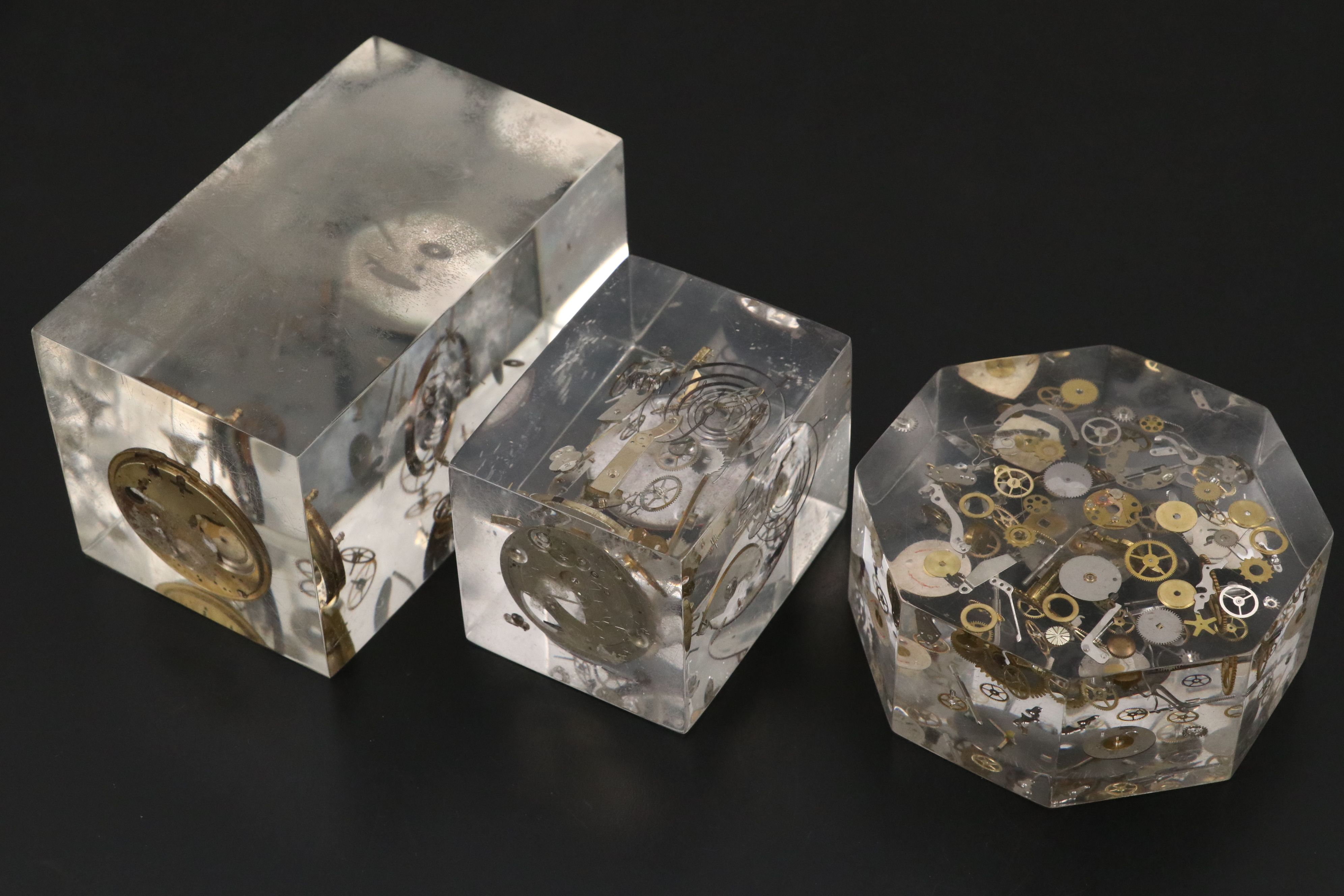 Floating Watch Faces and Mechanisms in Acrylic Blocks, 20th Century