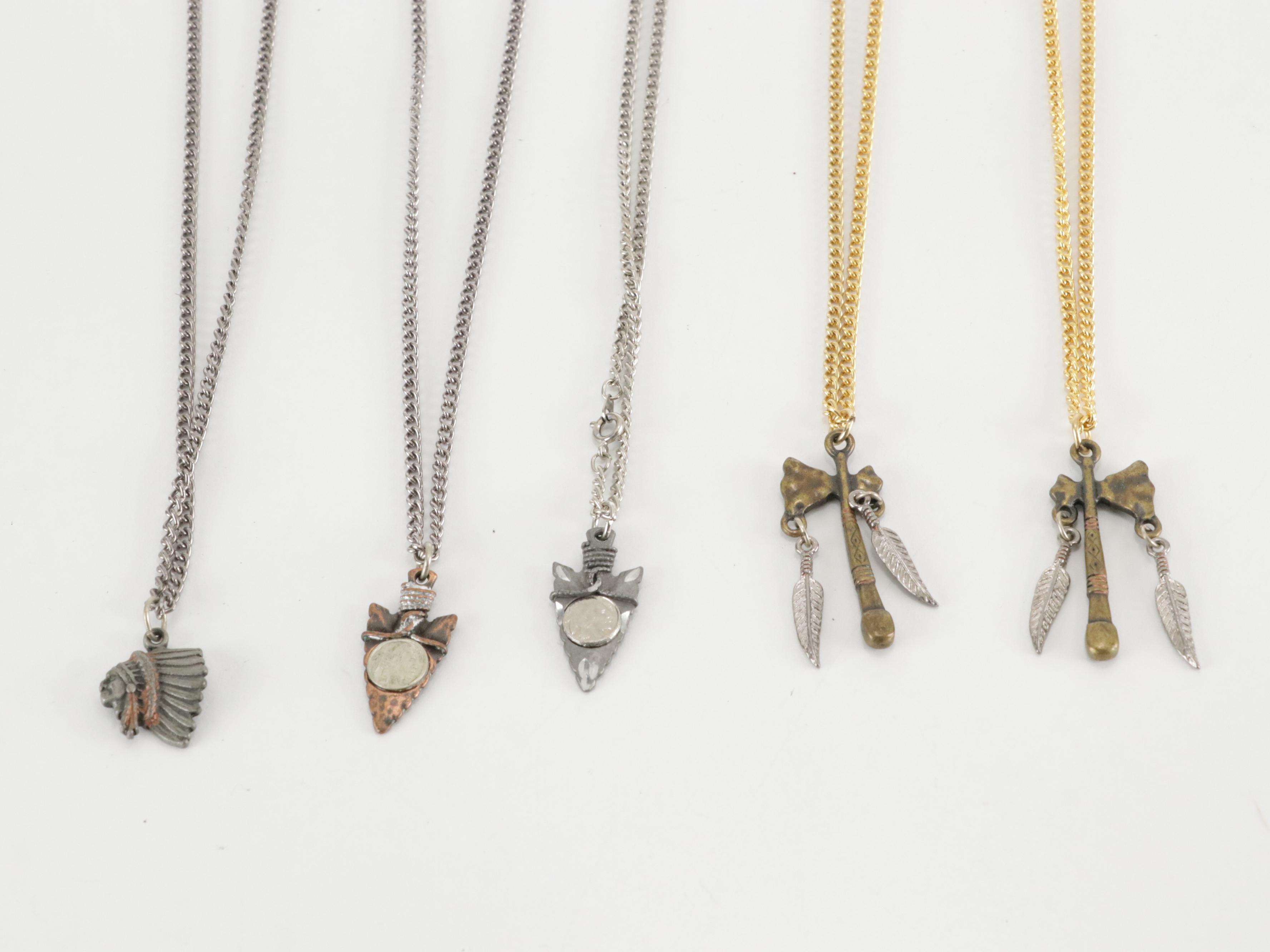 Arrowhead and Coin Design, Chief Head, Tomahawk and Coin Pendant Necklaces