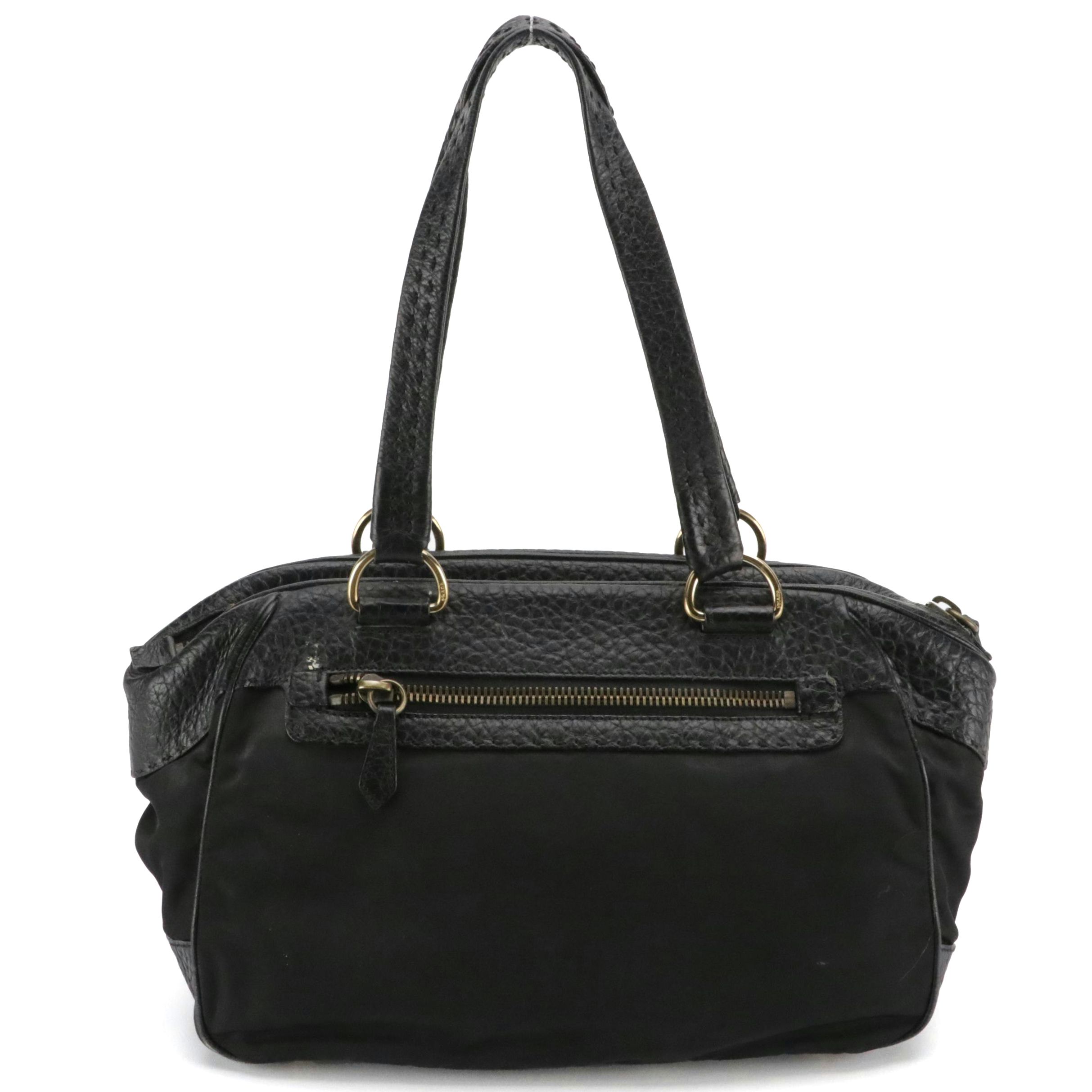 Prada Zippered Shoulder Satchel in Black Tessuto Nylon and Grained Leather Trim
