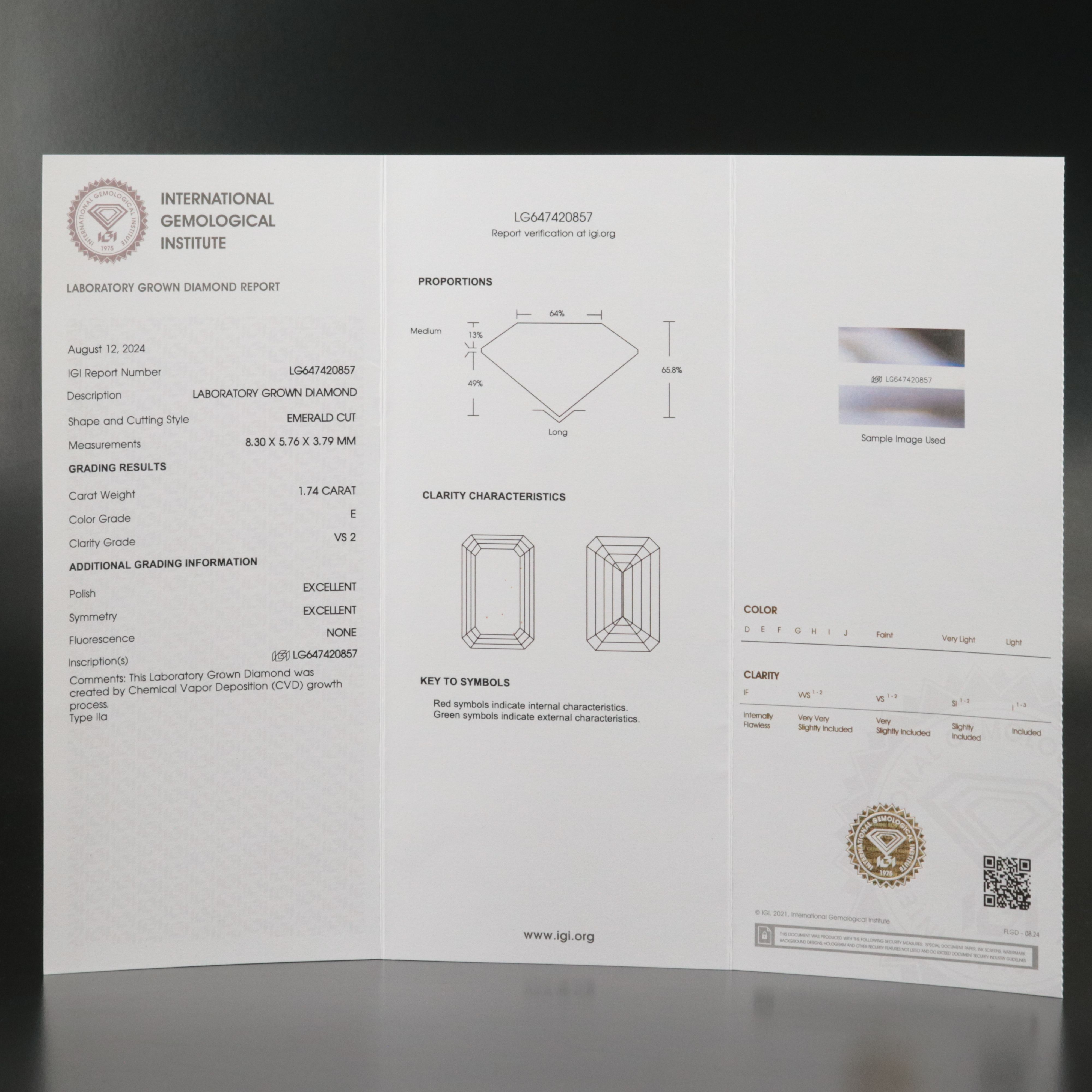 Loose 1.74 CT Lab Grown Diamond with IGI Report