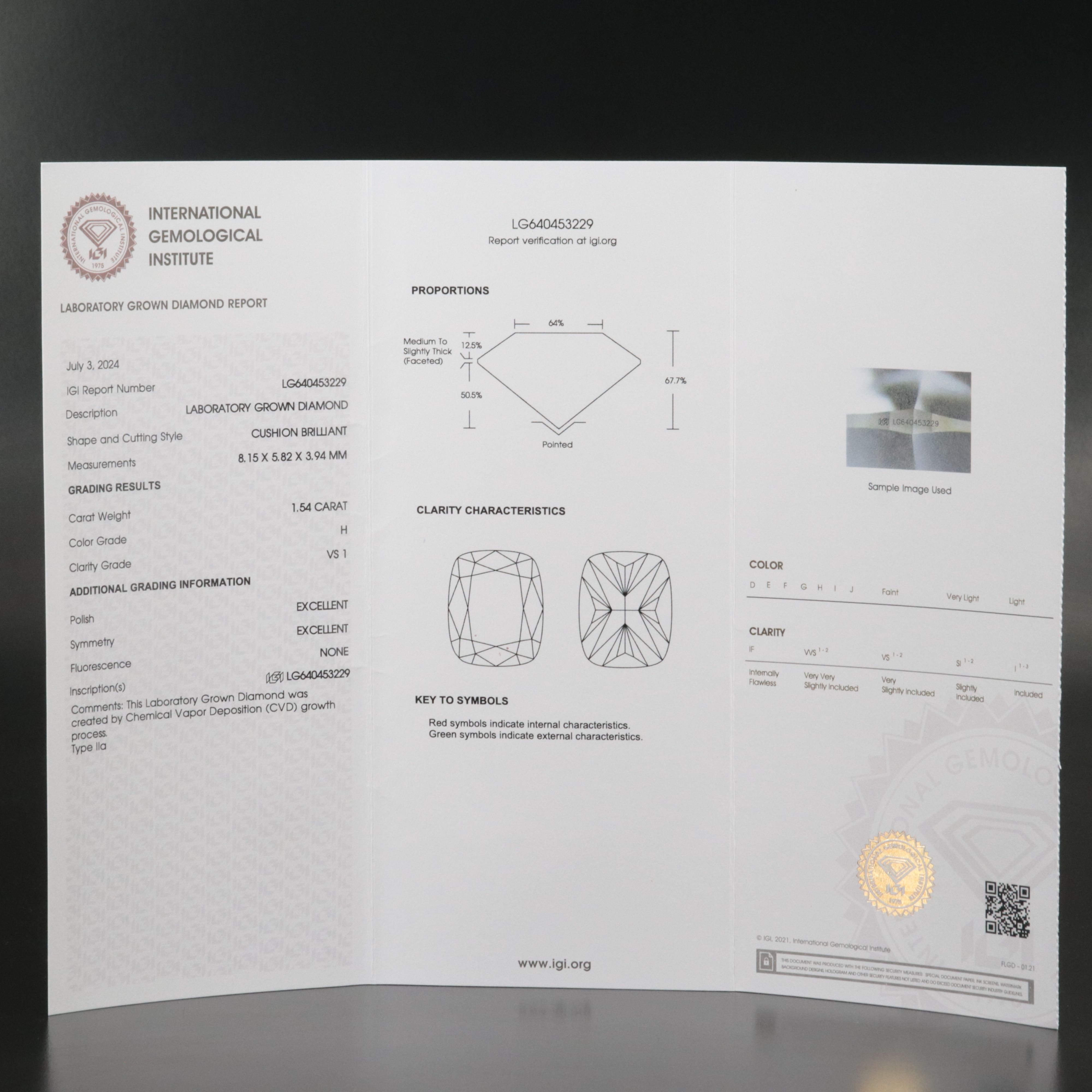 Loose 1.54 CT Lab Grown Diamond with IGI Report