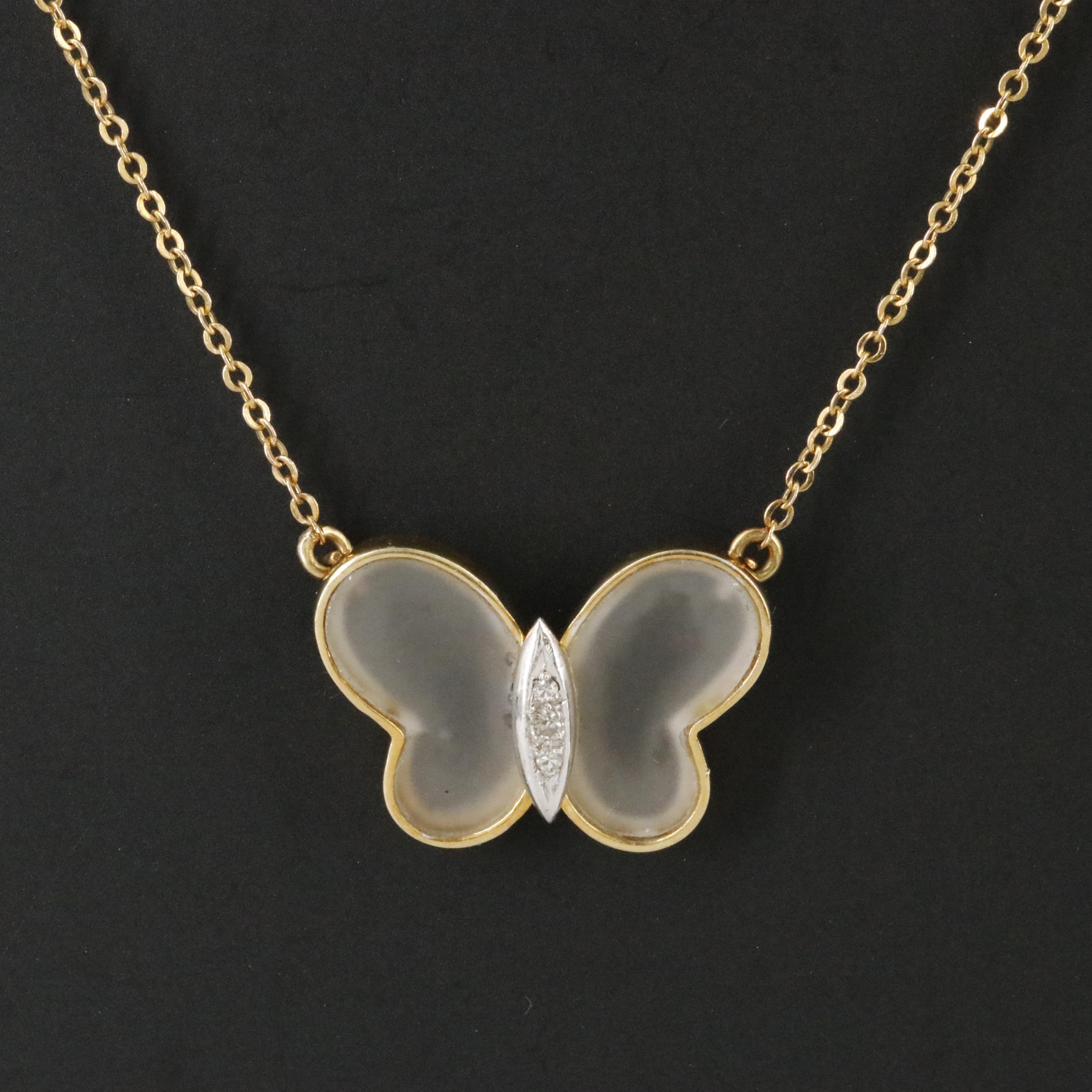 14K Rock Crystal and Diamond Butterfly Necklace