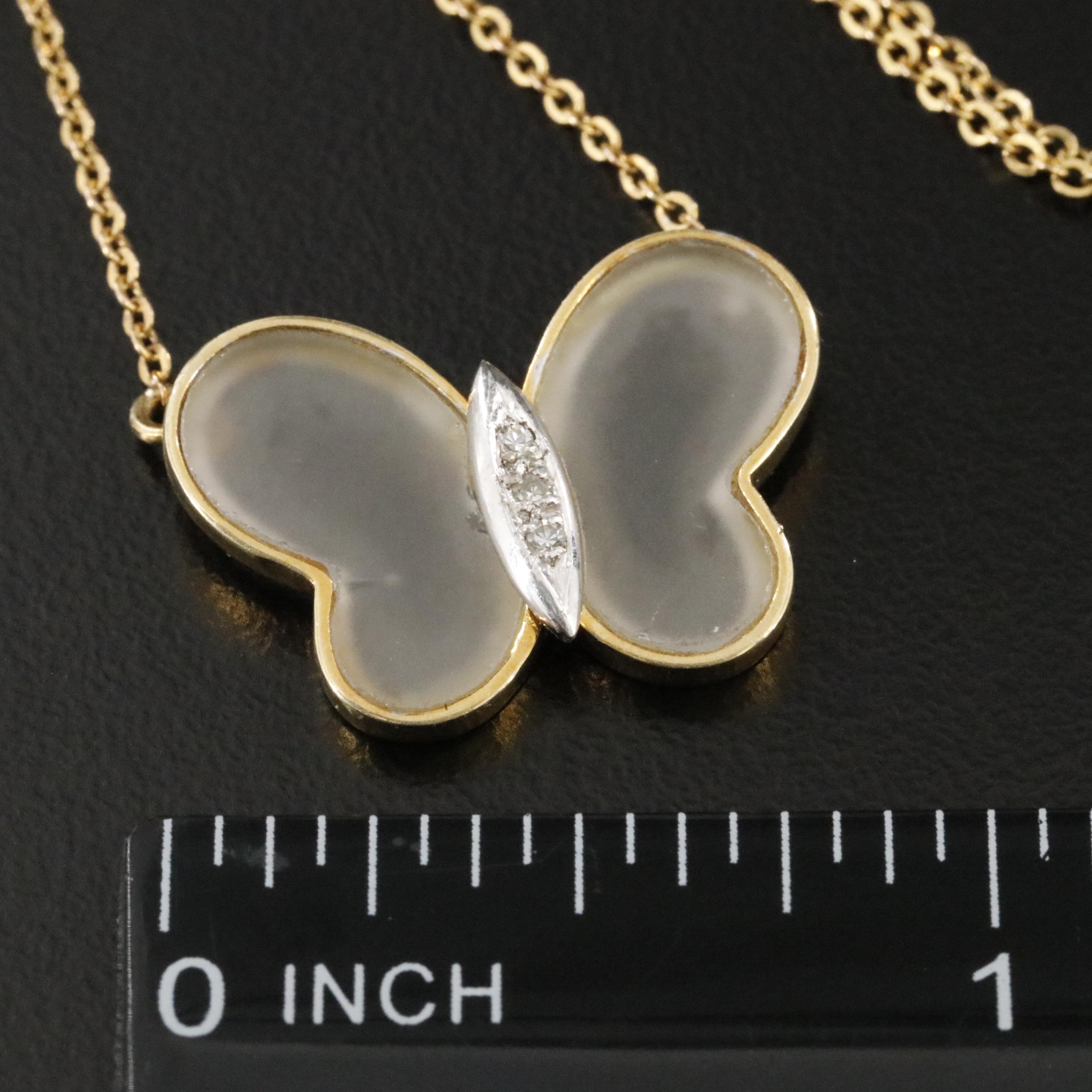 14K Rock Crystal and Diamond Butterfly Necklace