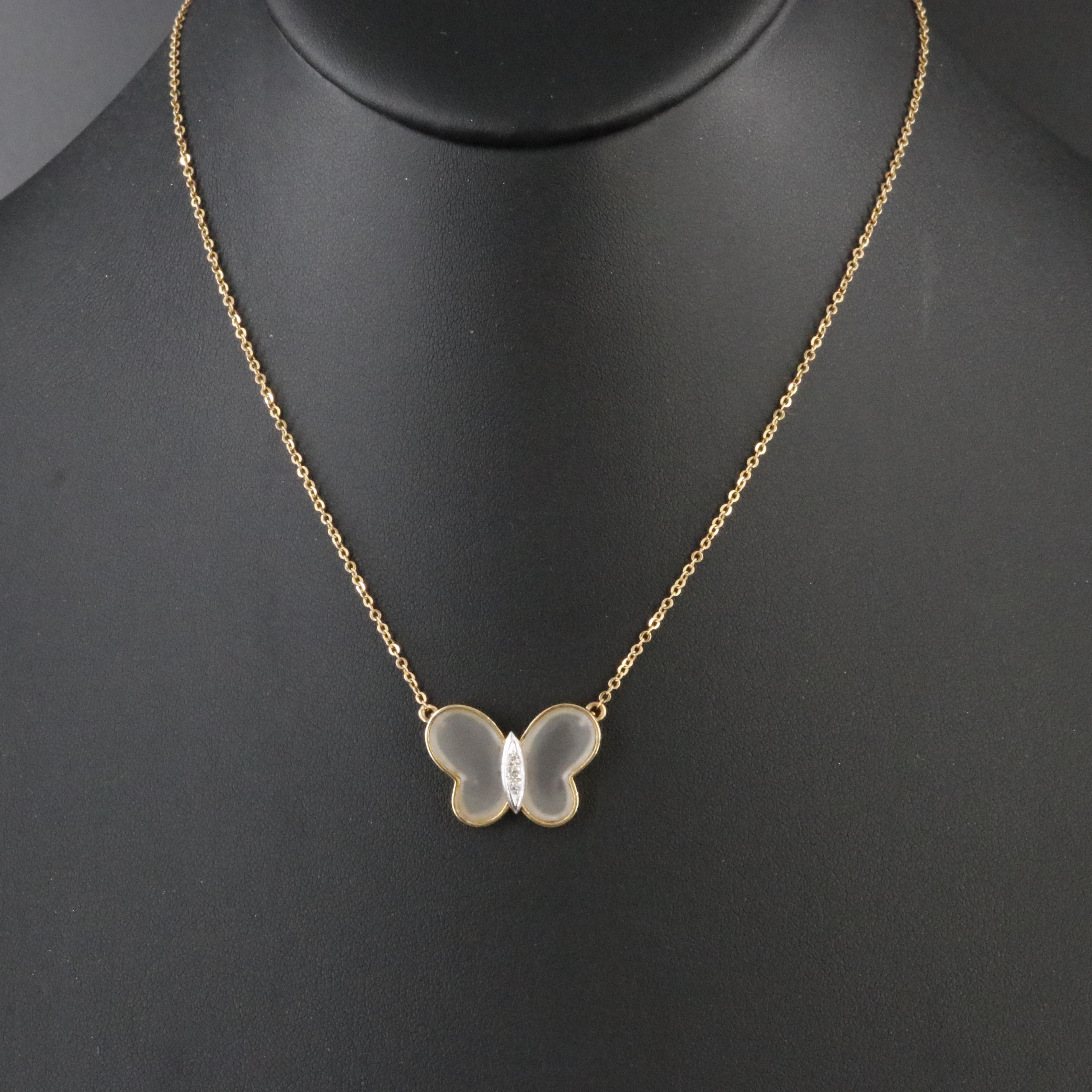 14K Rock Crystal and Diamond Butterfly Necklace