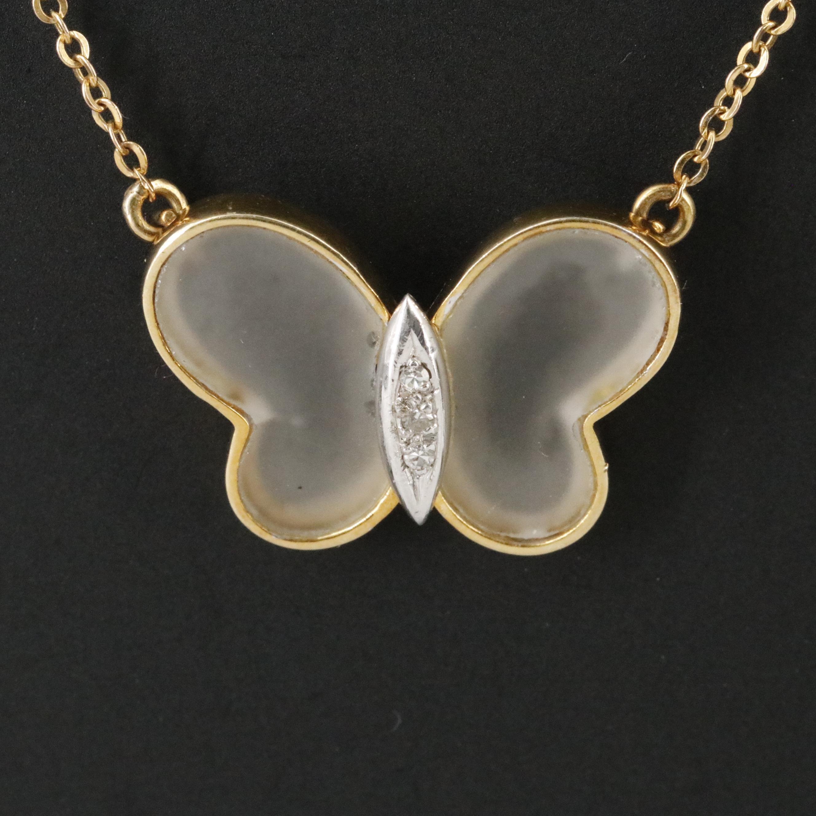 14K Rock Crystal and Diamond Butterfly Necklace