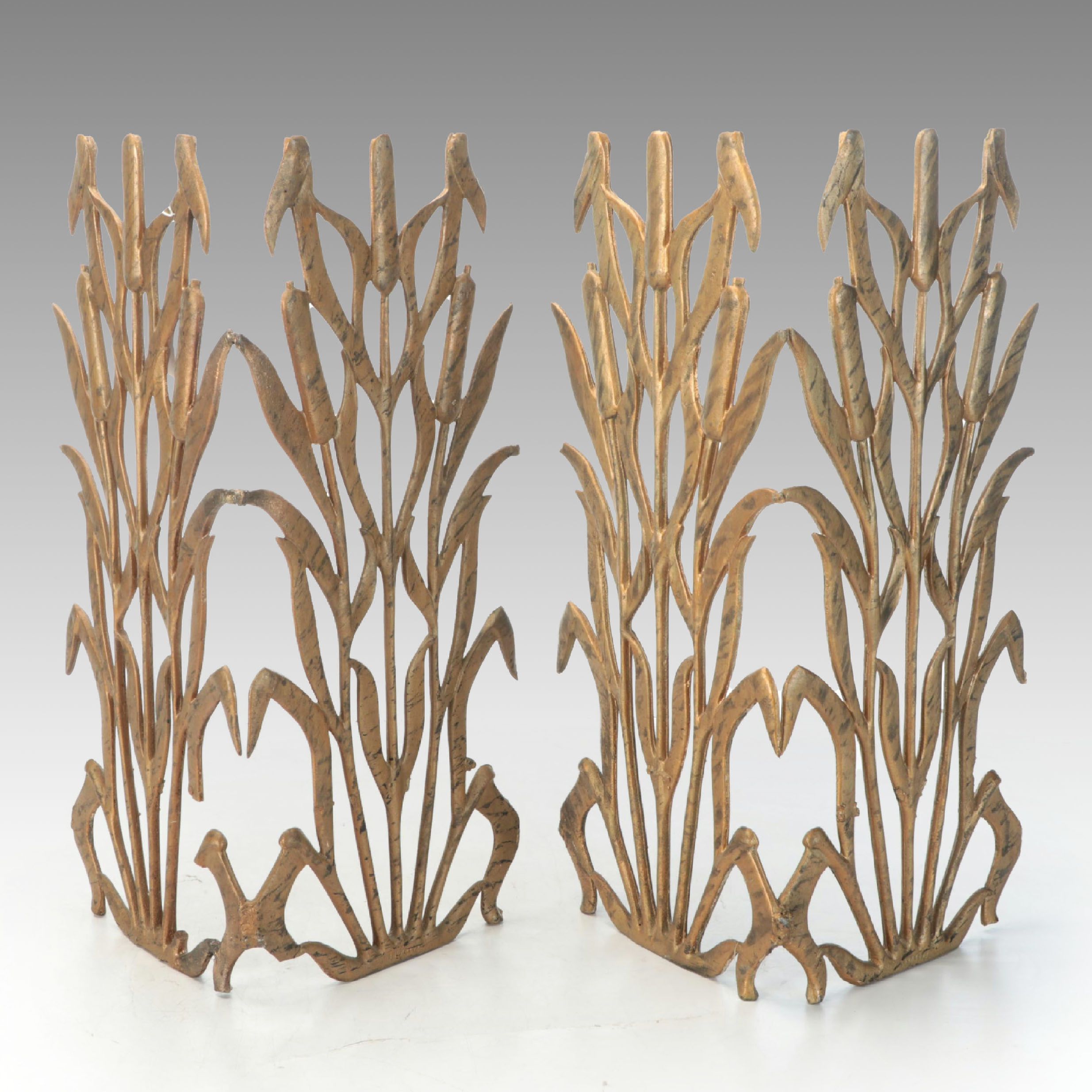 Hollywood Regency Style Gilt Metal Cattail Fire Screens, Mid to Late 20th C.