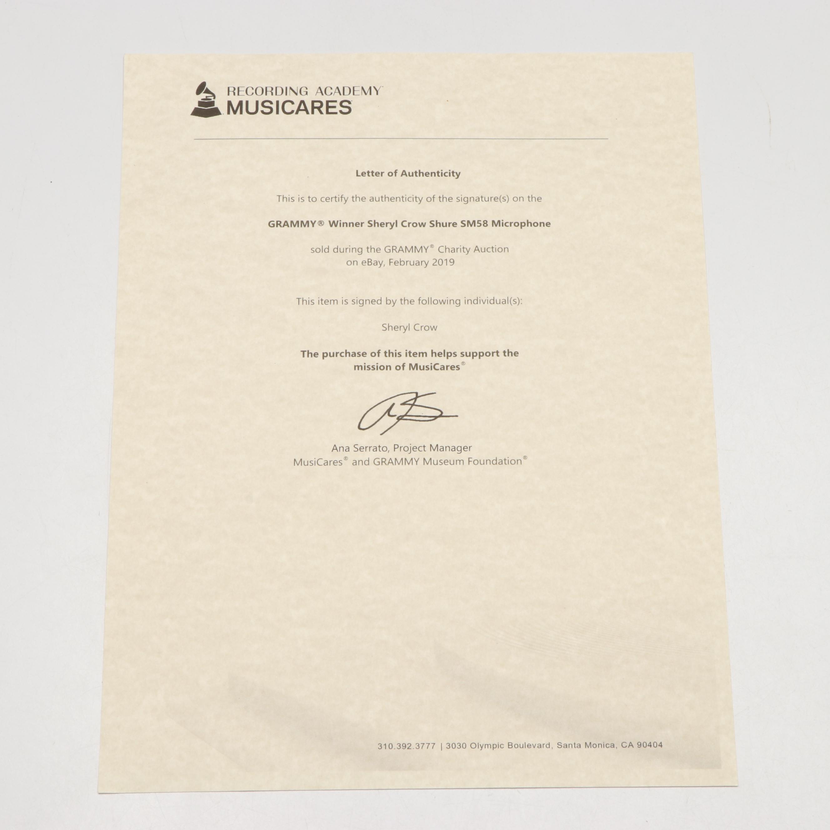Sheryl Crow Signed 2019 Grammy Charity Auction Shure SM58 Microphone