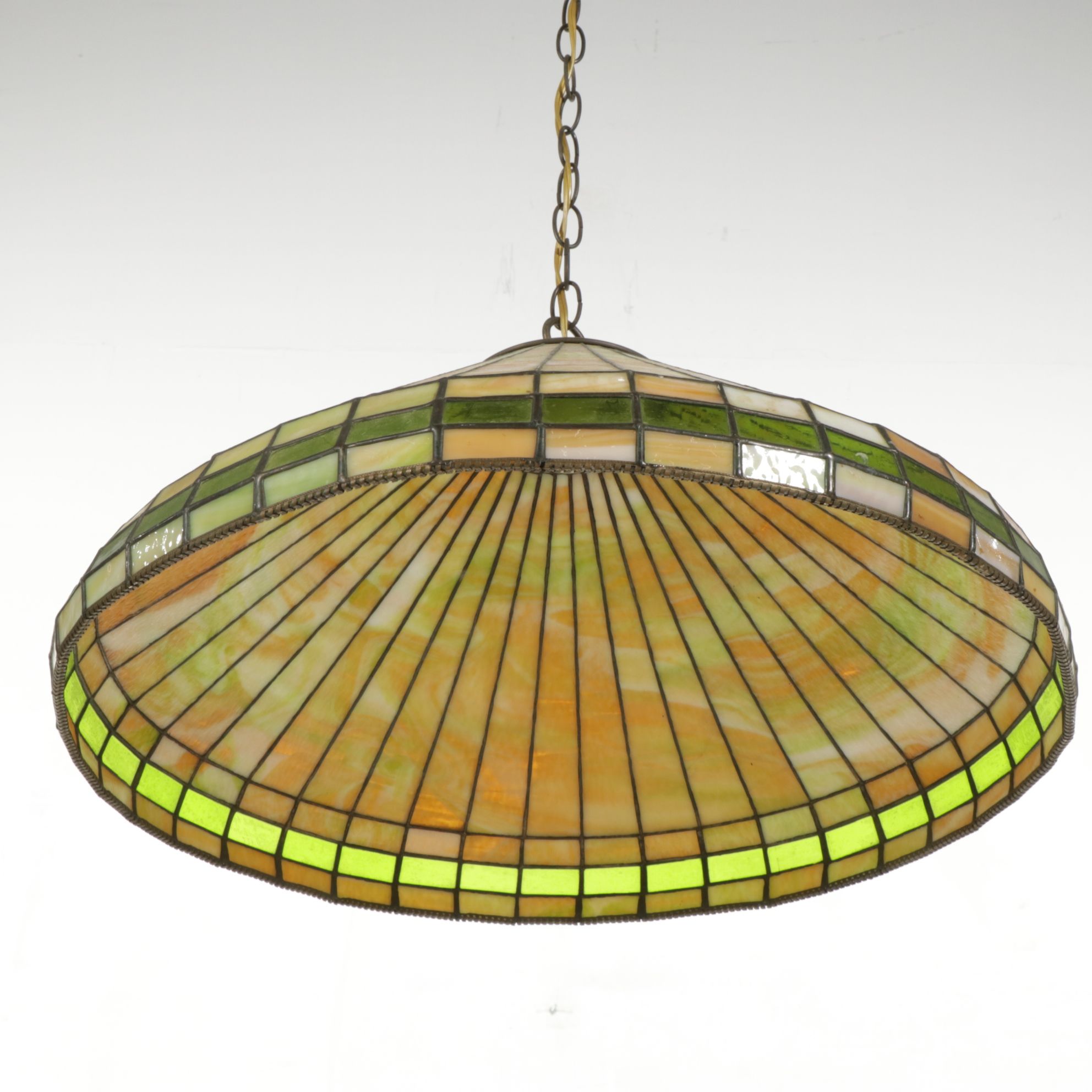 Slag Glass and Stained Glass Pendant Swag Light, Vintage