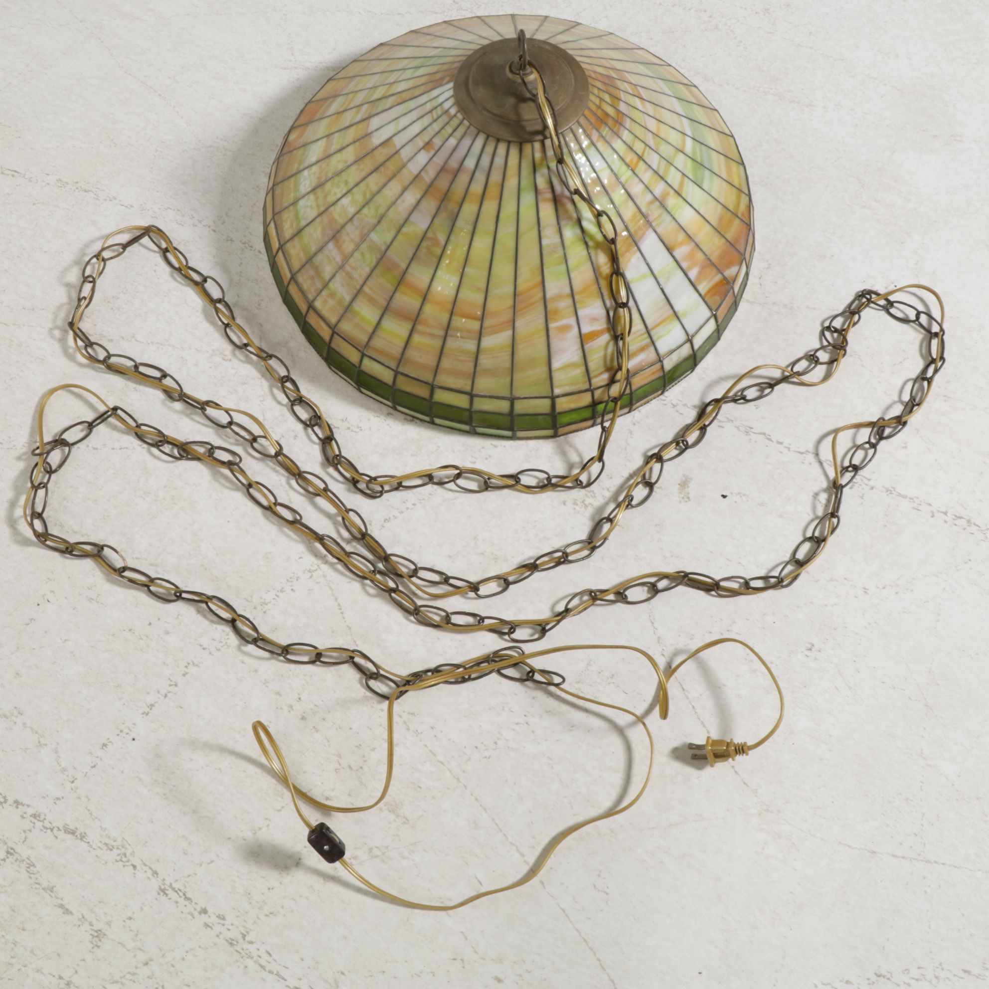 Slag Glass and Stained Glass Pendant Swag Light, Vintage