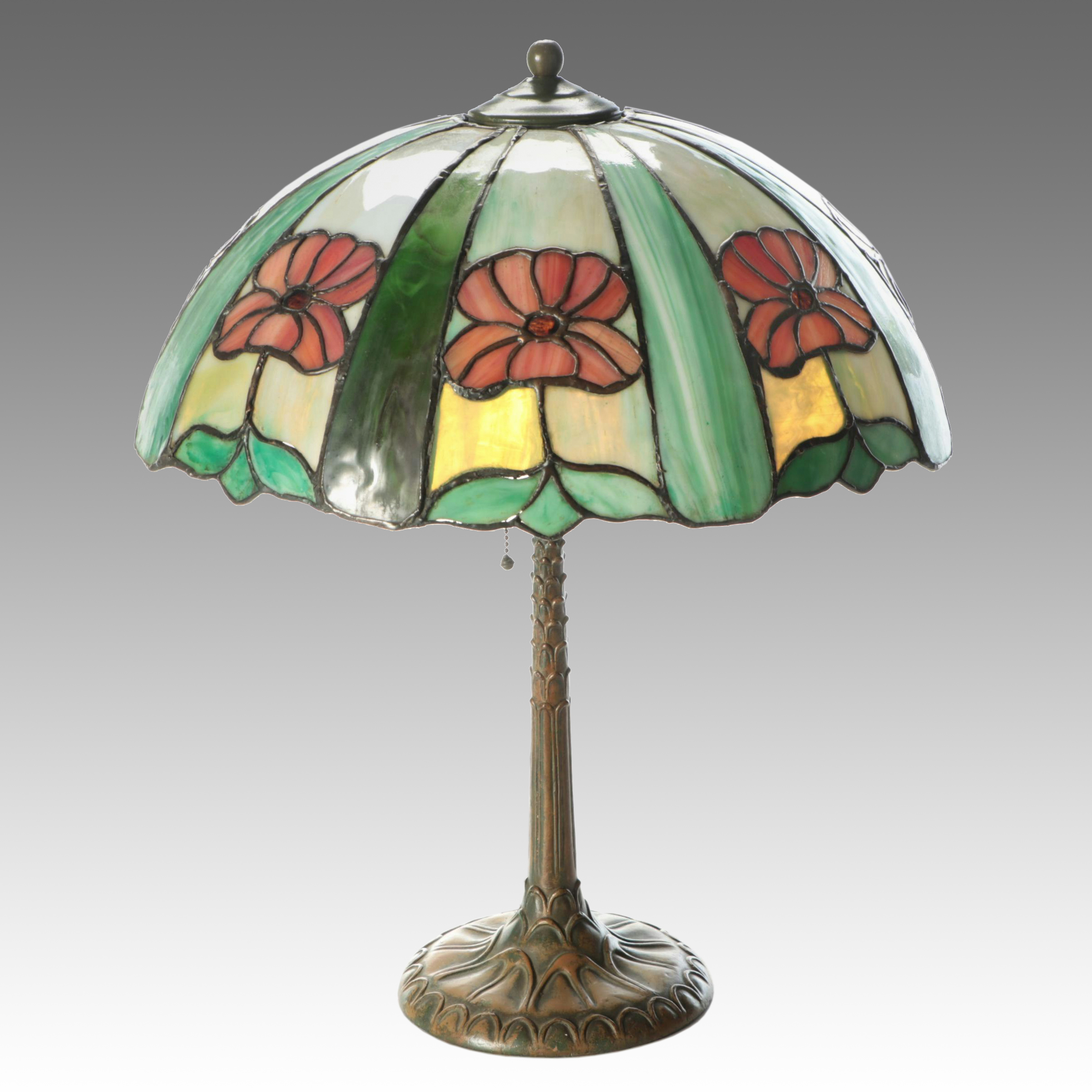 Art Nouveau Style Antiqued Metal Table Lamp with Slag Glass Shade, 20th Century