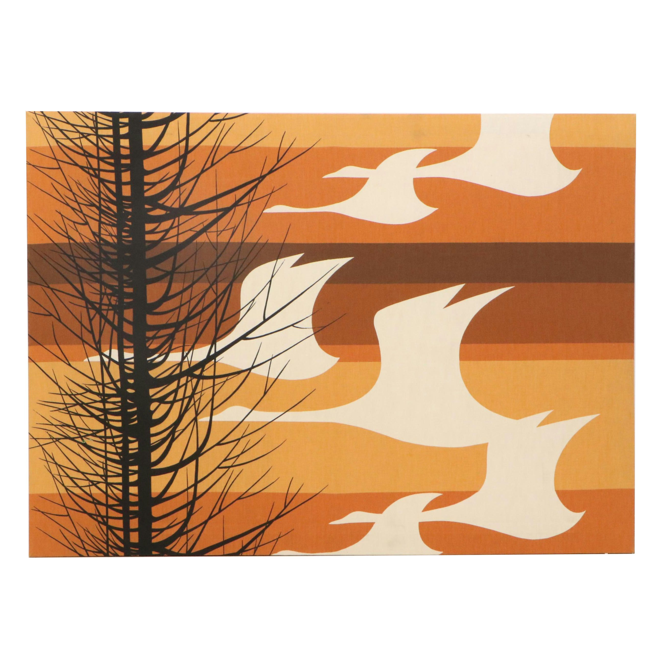 Stretched Fabric Panel with Abstracted Birds in Flight, Circa 1970s