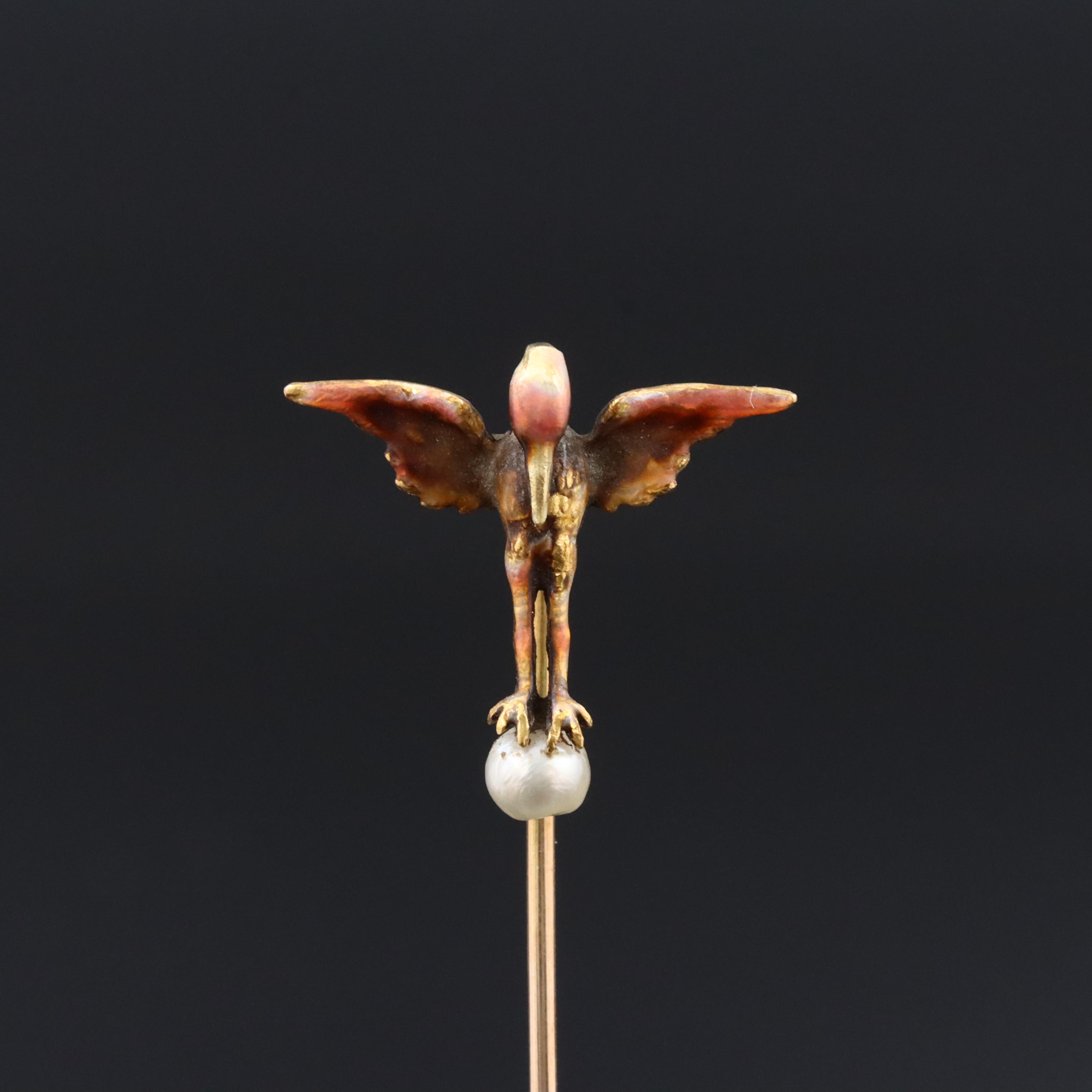 Alling & Co. Art Nouveau 14K Pearl Crane Stickpin