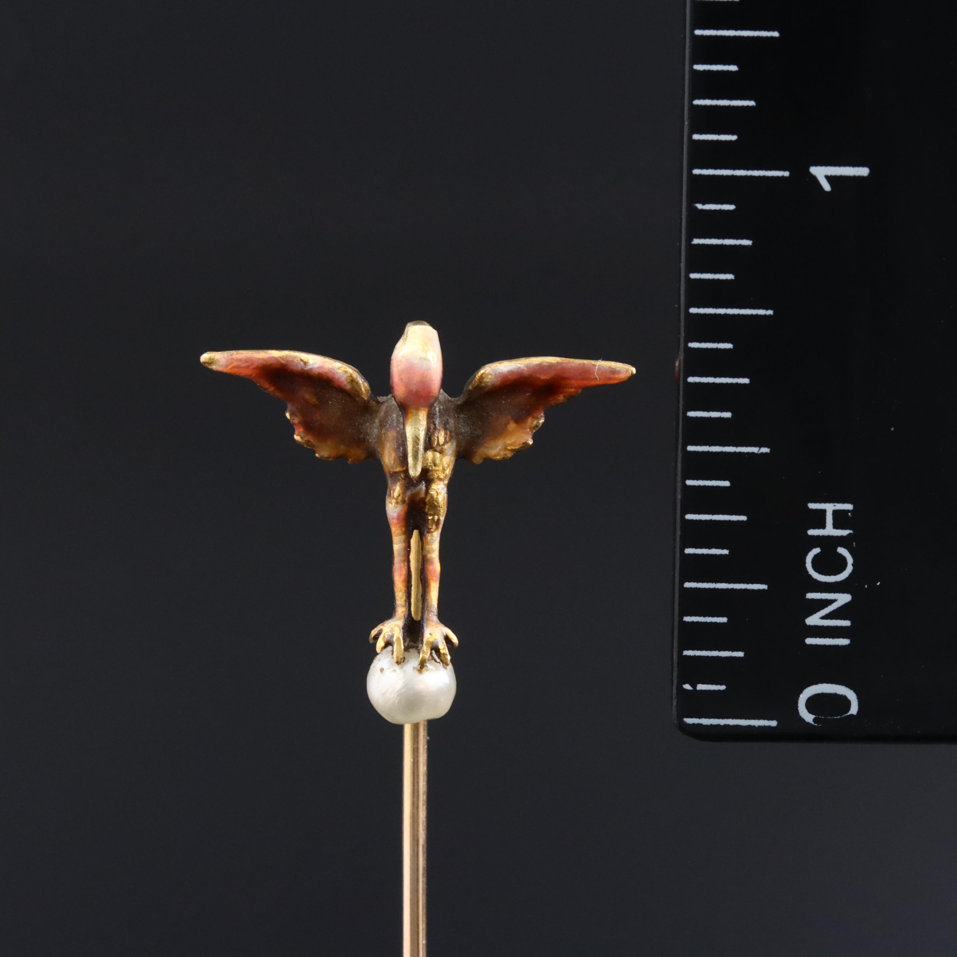 Alling & Co. Art Nouveau 14K Pearl Crane Stickpin