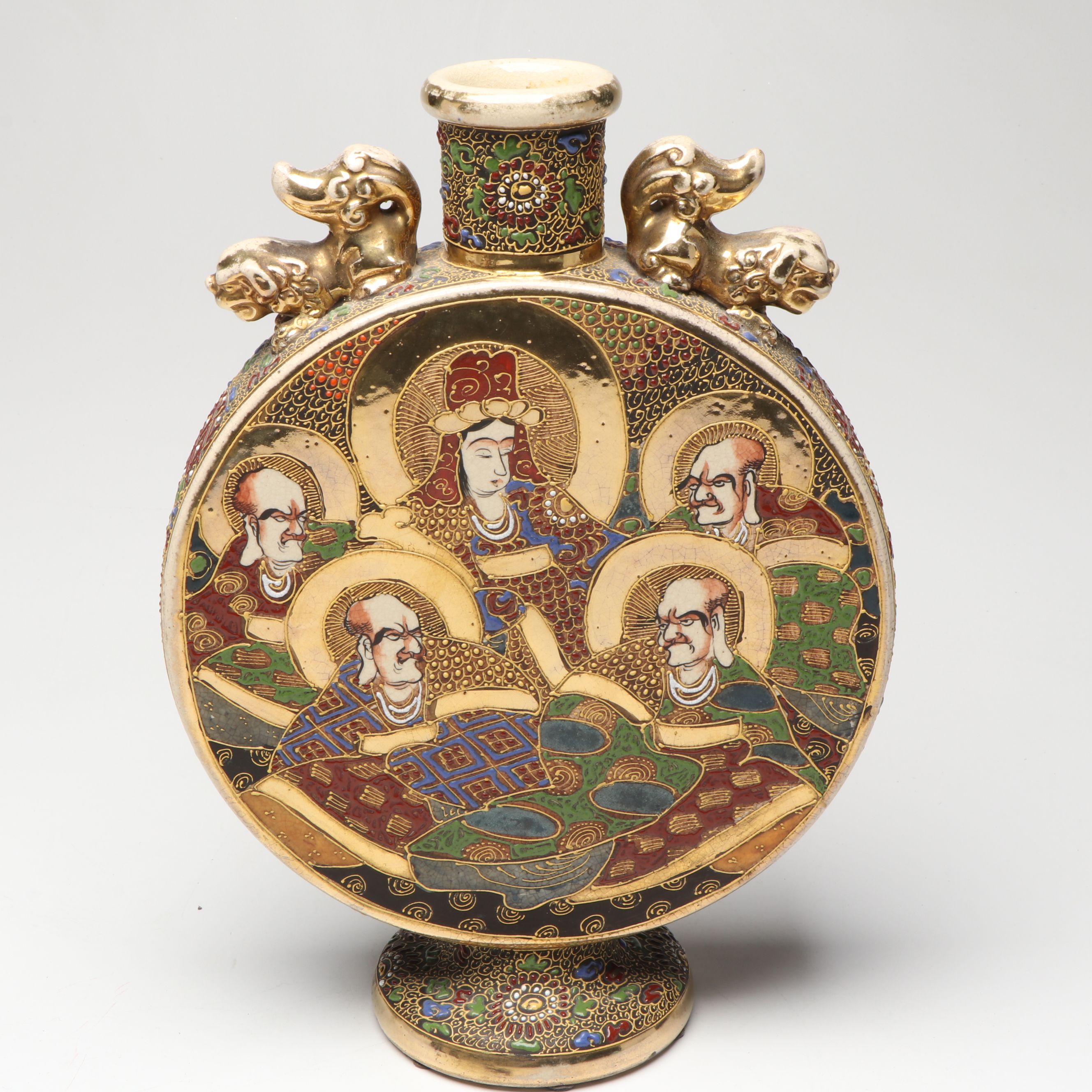 Japanese Satsuma Buddhist Rakan Ceramic Moon Flask Vase