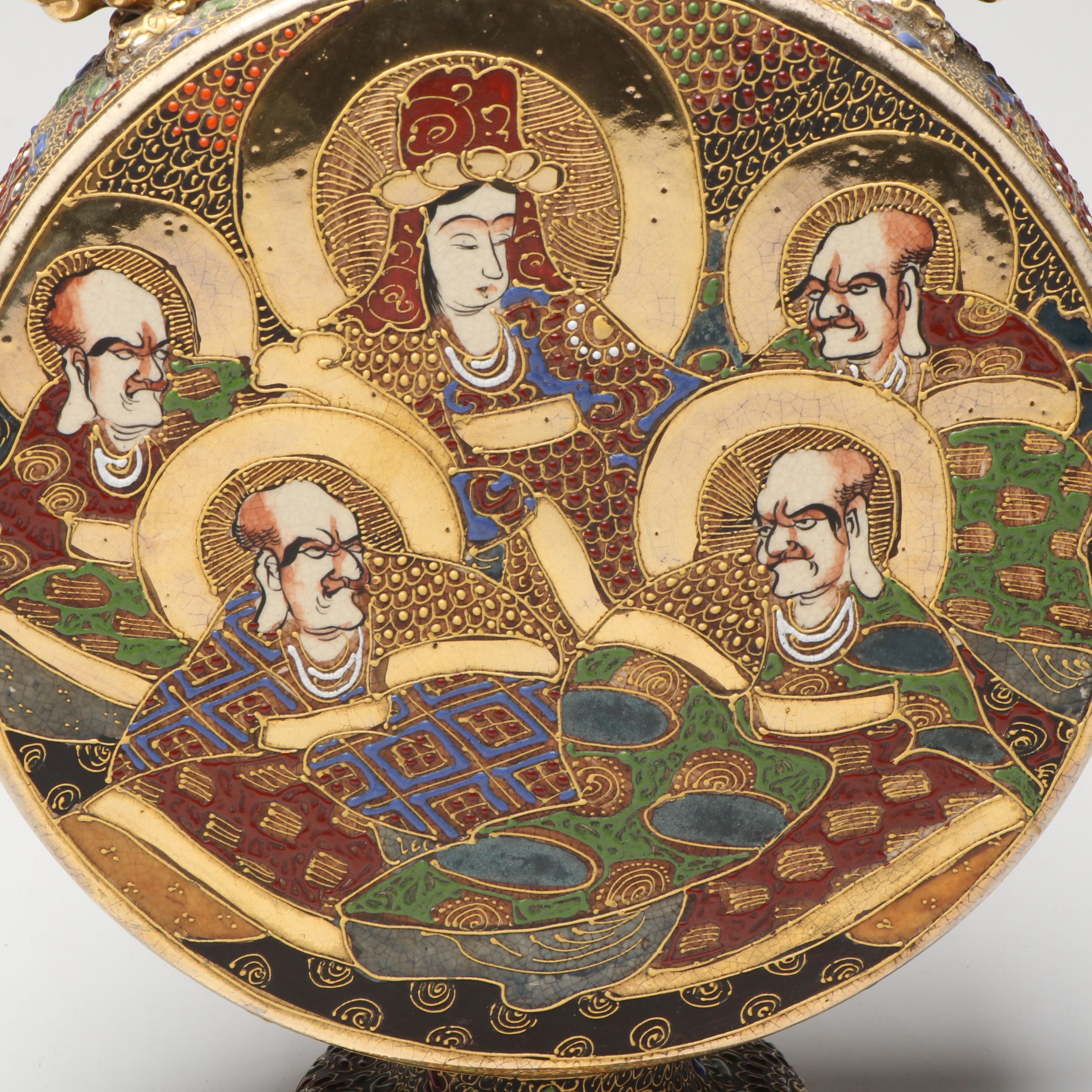 Japanese Satsuma Buddhist Rakan Ceramic Moon Flask Vase