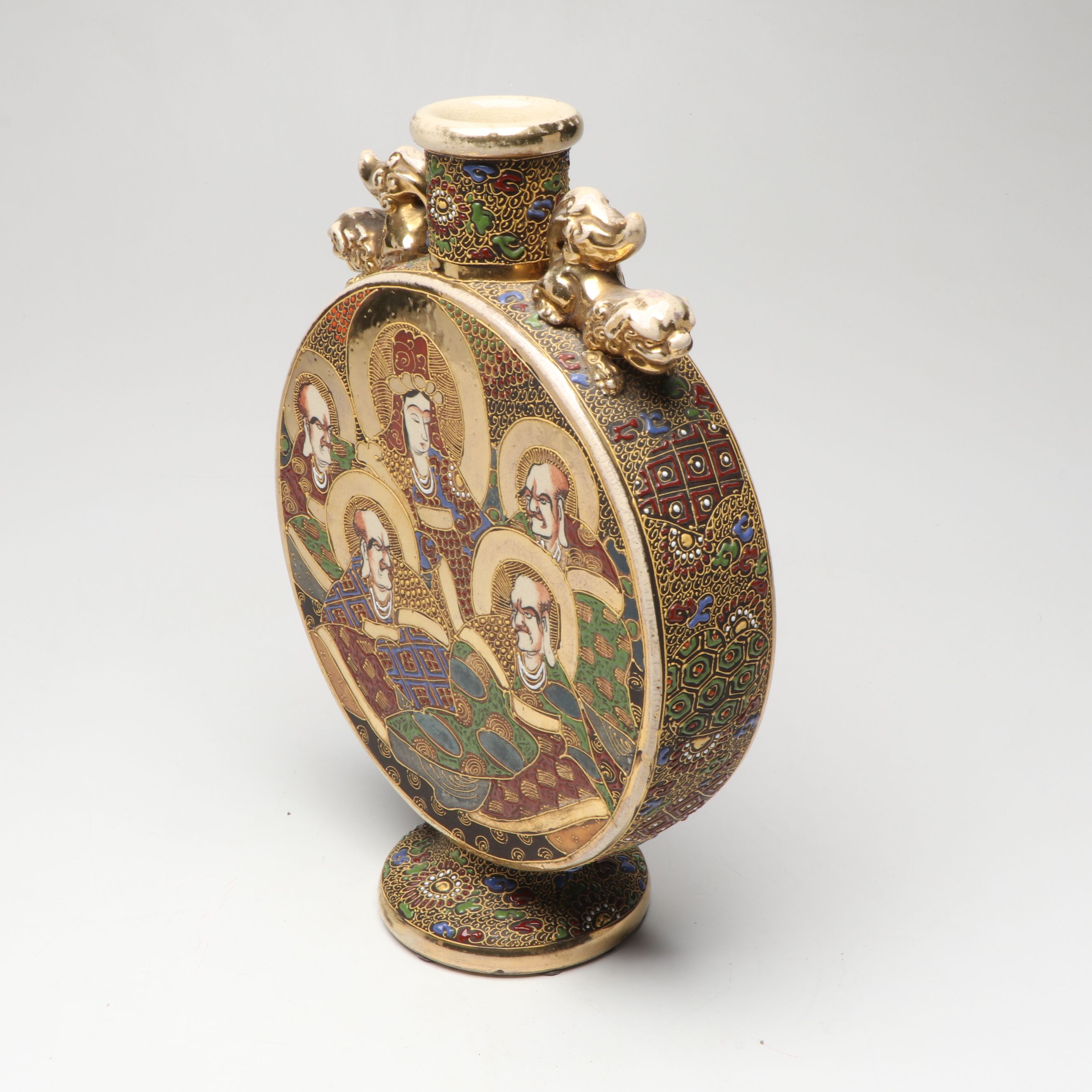 Japanese Satsuma Buddhist Rakan Ceramic Moon Flask Vase