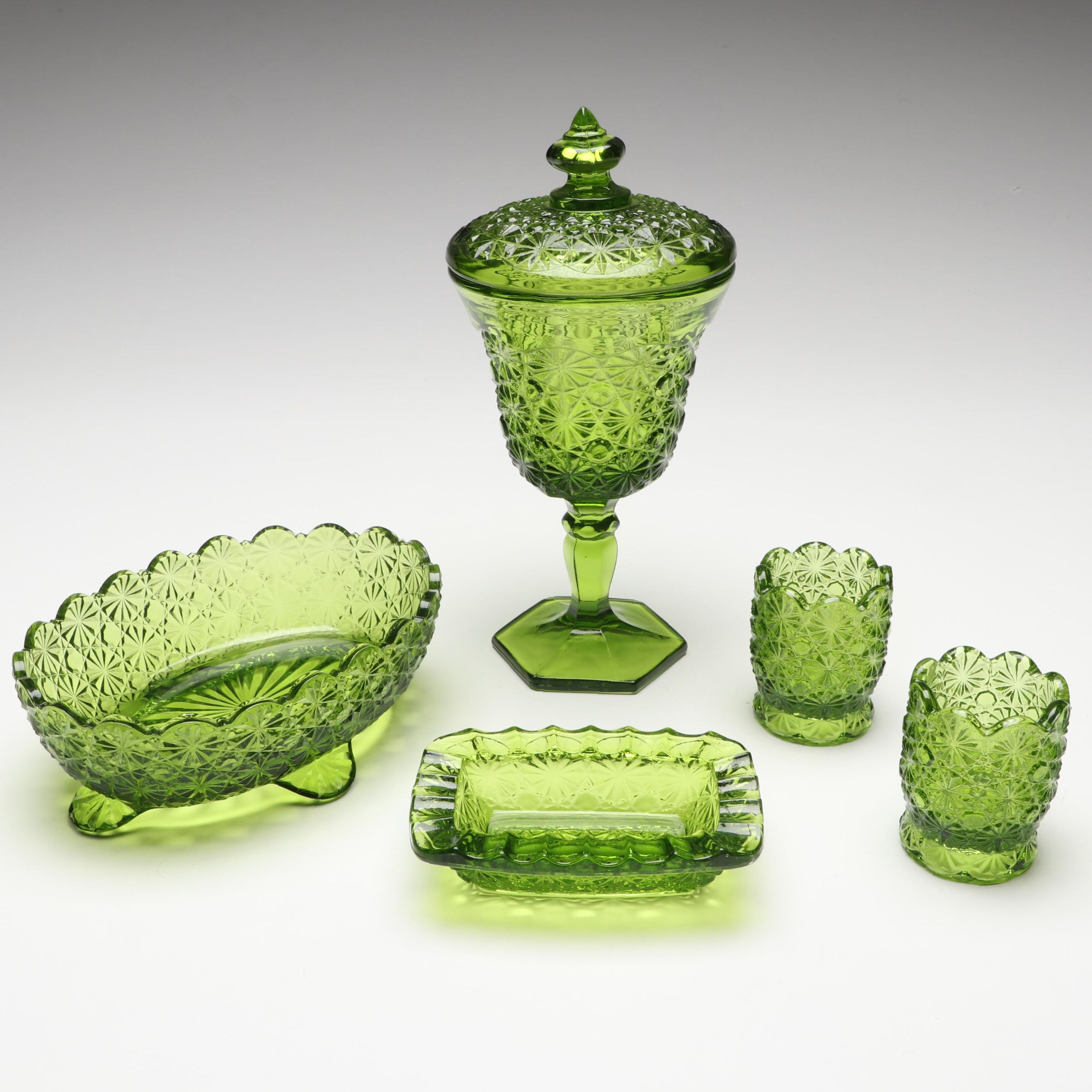 Smith Glass "Daisy and Button" Green Candy Dish and More Pressed Glass