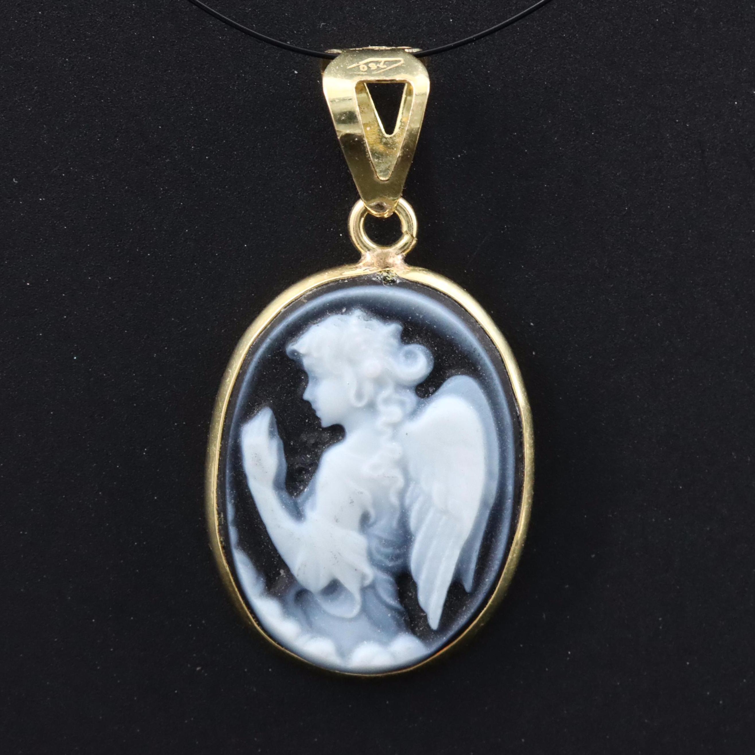 Italian 18K Onyx Angel Cameo Pendant