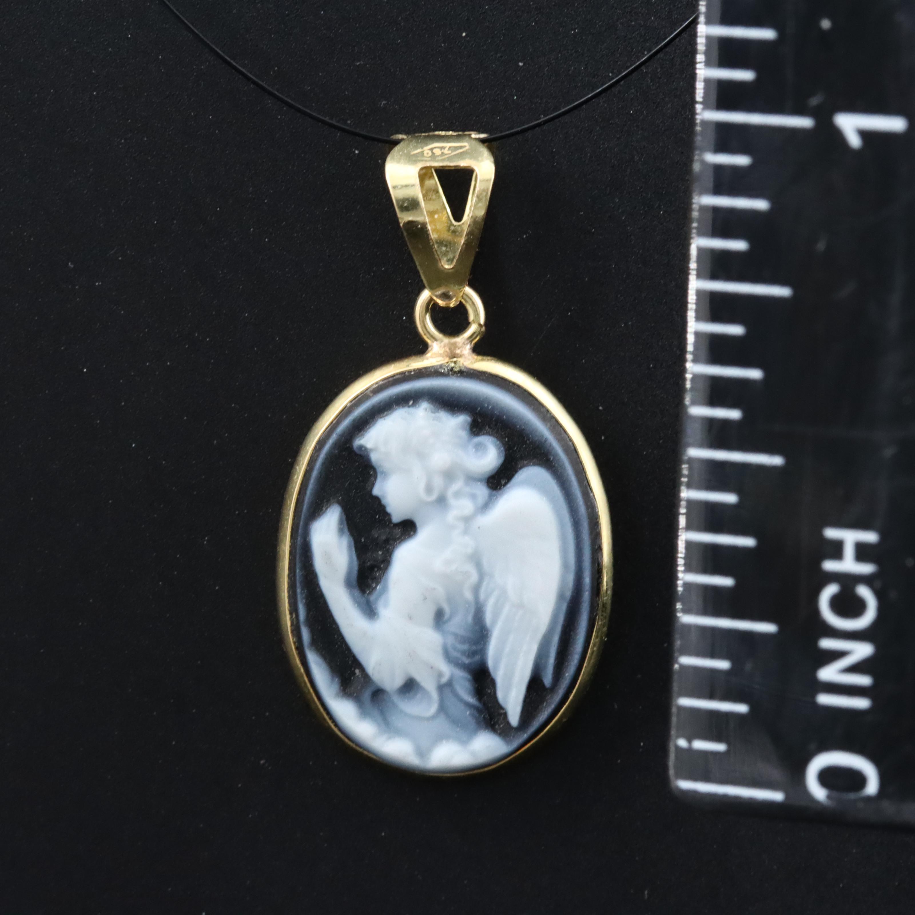 Italian 18K Onyx Angel Cameo Pendant