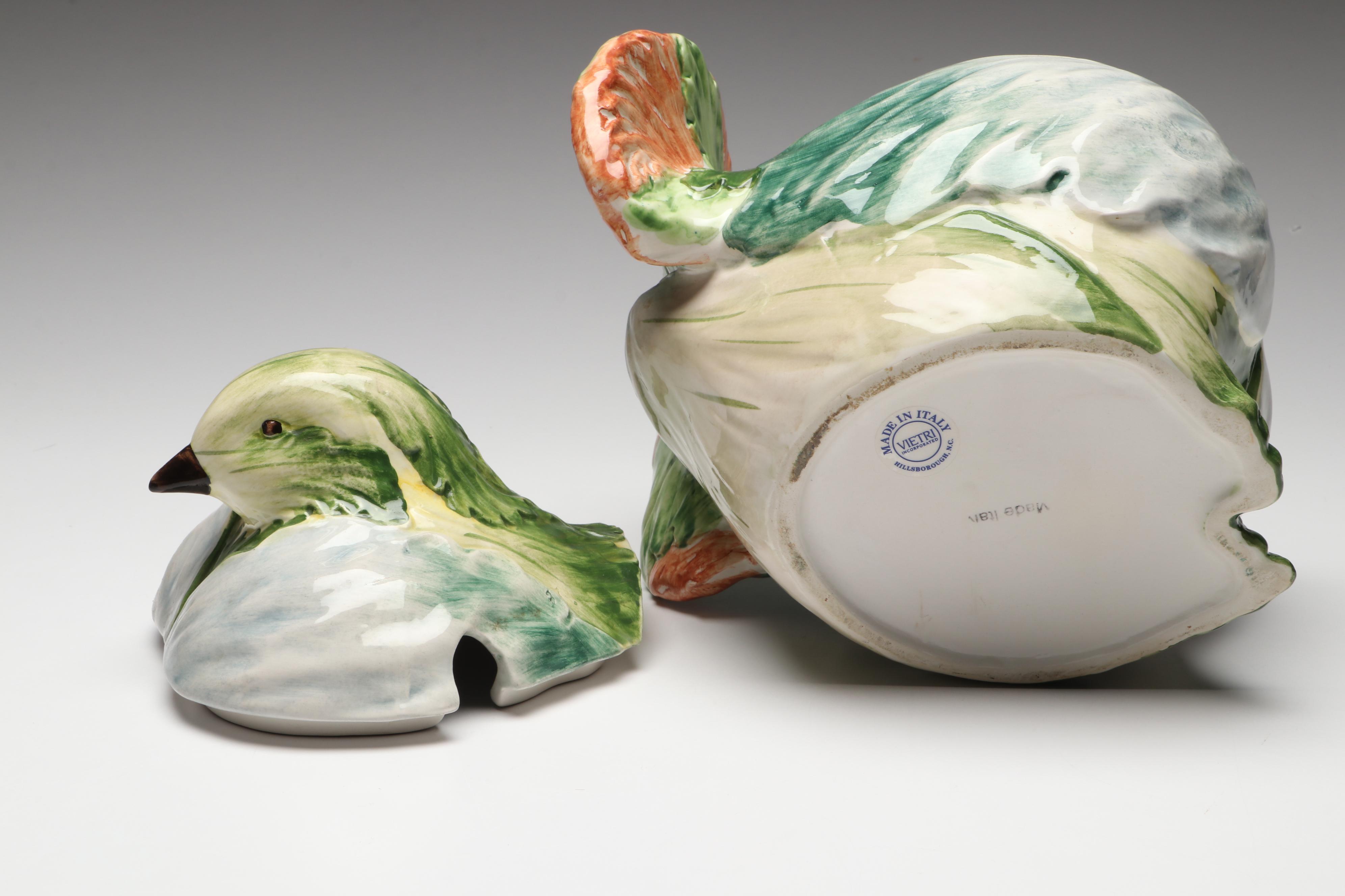 Vietri Italian Majolica Bird Tureen with Erzgebirge Napkin Rings and Other Décor