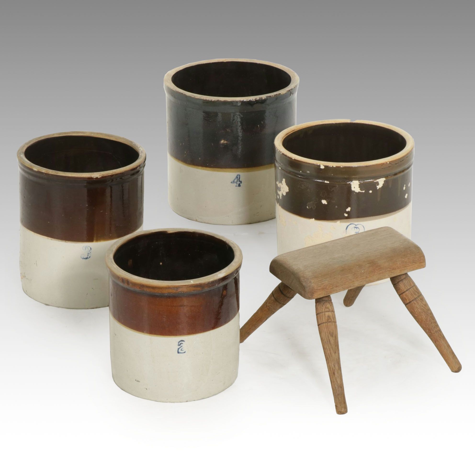 Stoneware Crocks and Small Handmade Wooden Stool