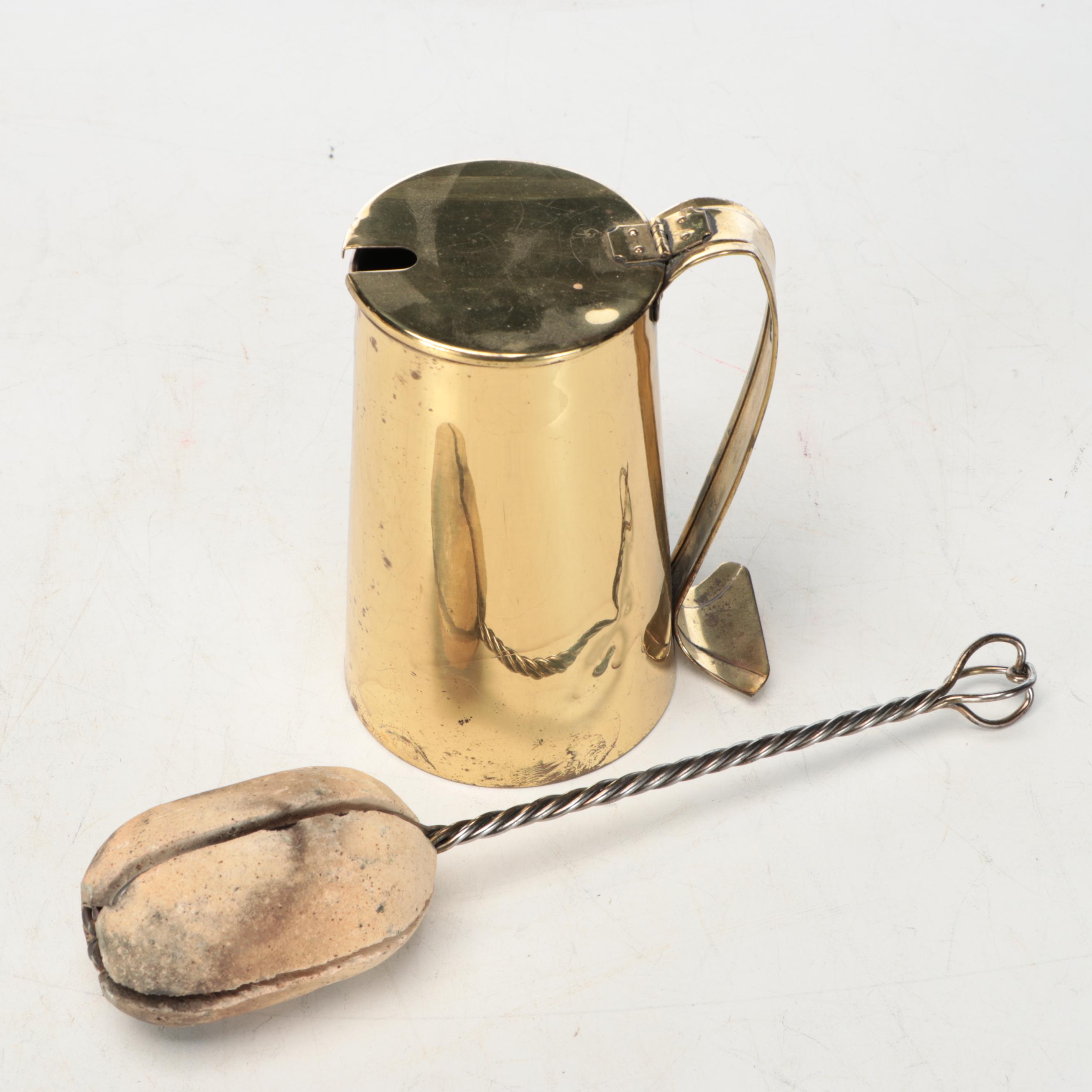 Brass Fire Starters with Ansonia and Chinese Brass Bucket, Mid-19th Century