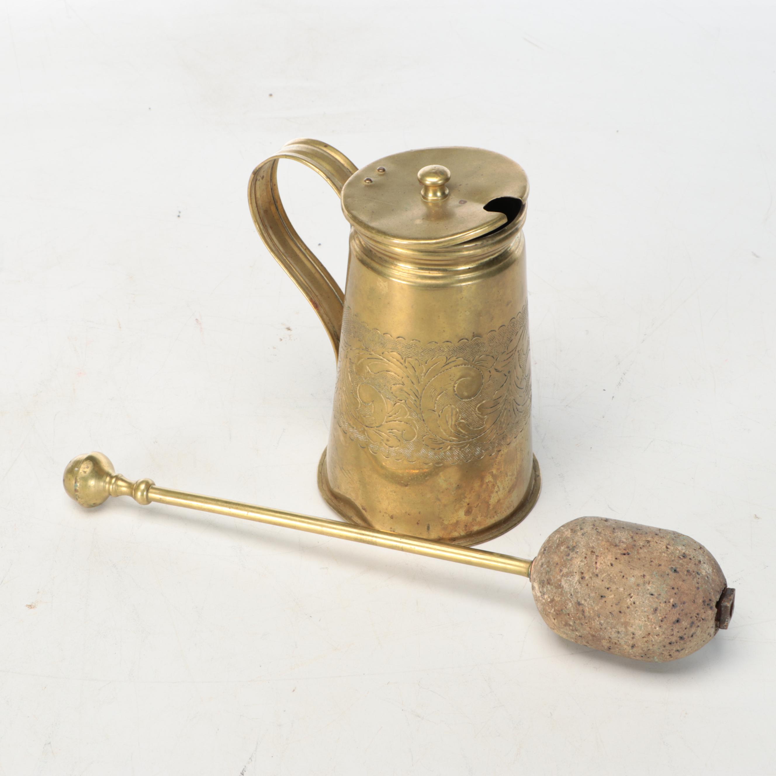 Brass Fire Starters with Ansonia and Chinese Brass Bucket, Mid-19th Century