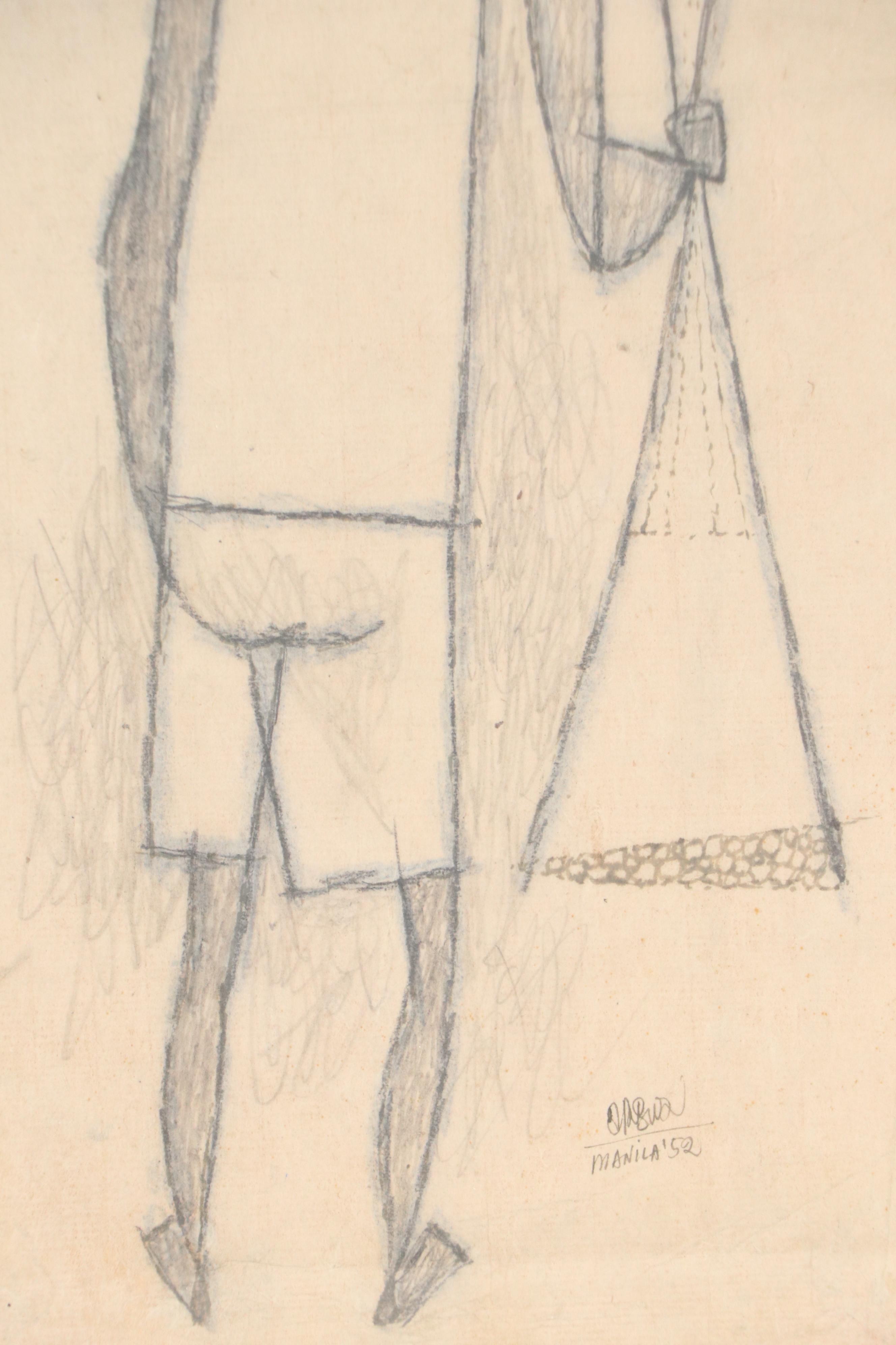 Modern Pencil Drawing "Flower Vendor," 1952
