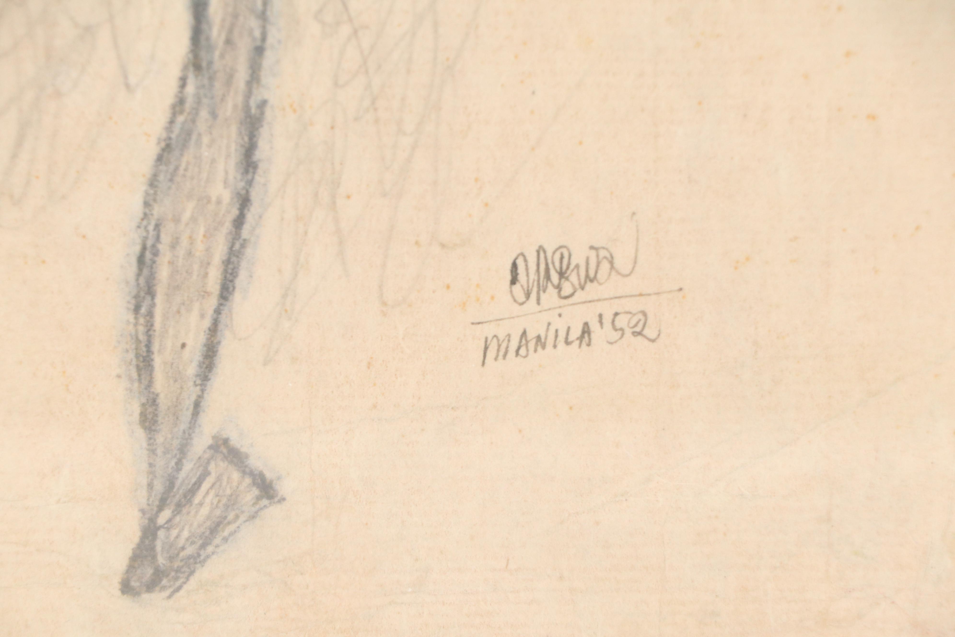 Modern Pencil Drawing "Flower Vendor," 1952