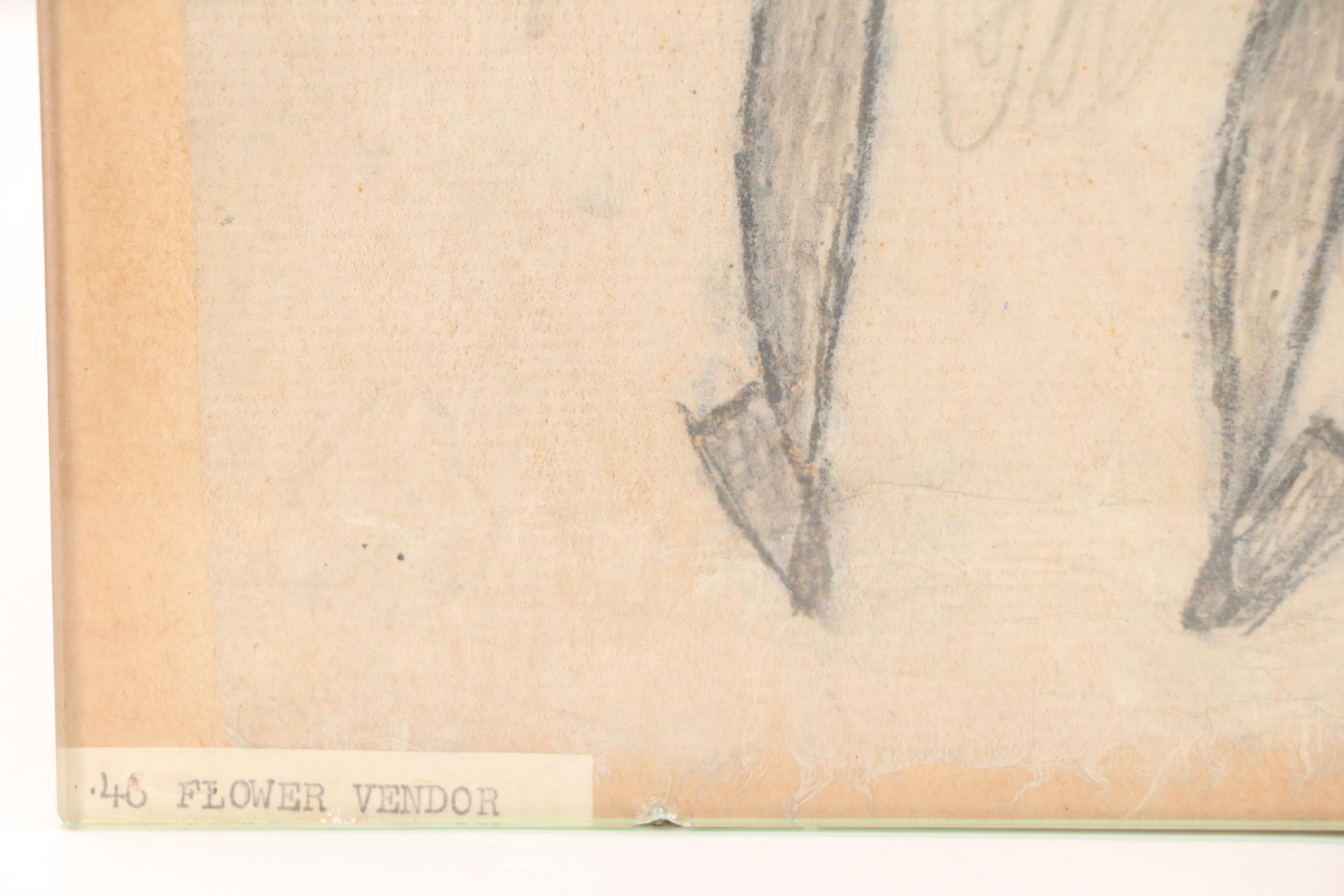 Modern Pencil Drawing "Flower Vendor," 1952