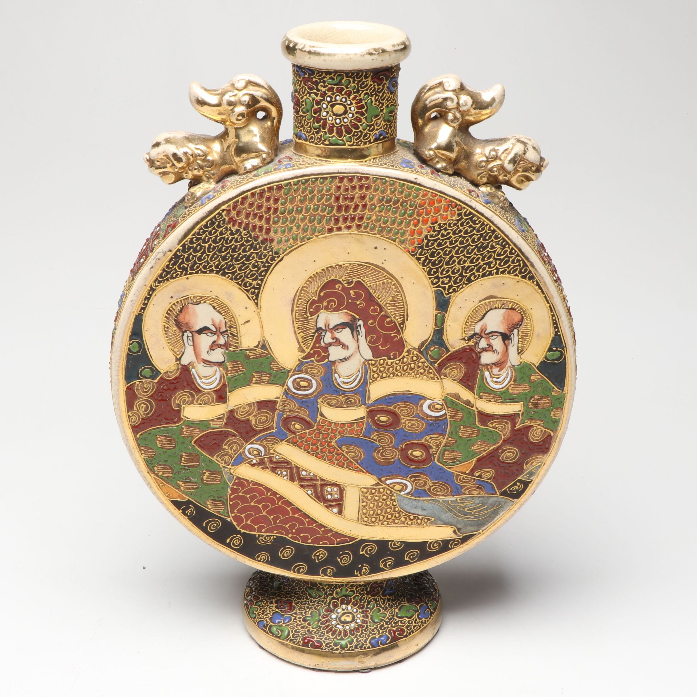 Japanese Satsuma Buddhist Rakan Ceramic Moon Flask Vase