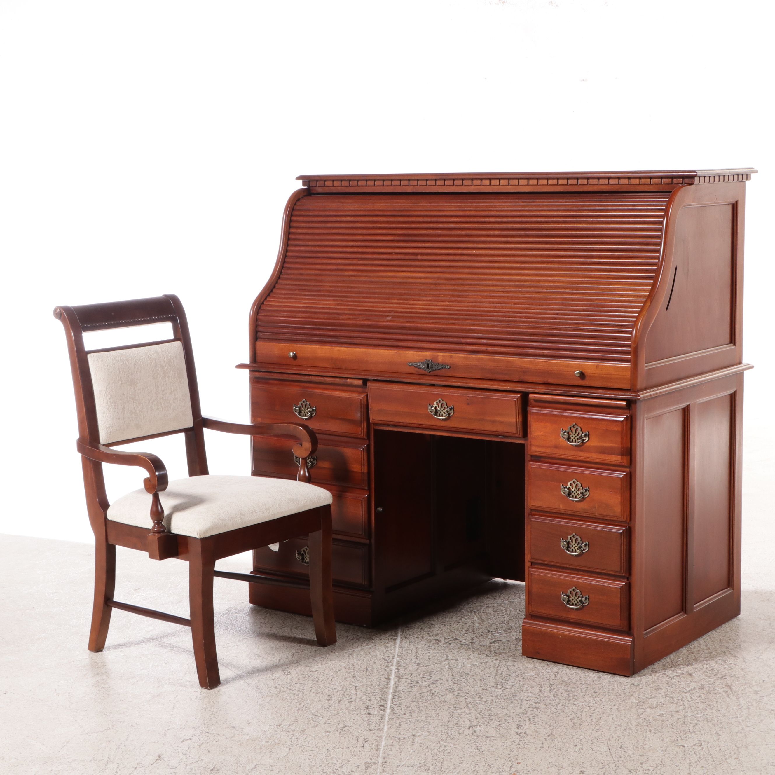 Colonial Style Birch Roll-Top Desk with Armchair